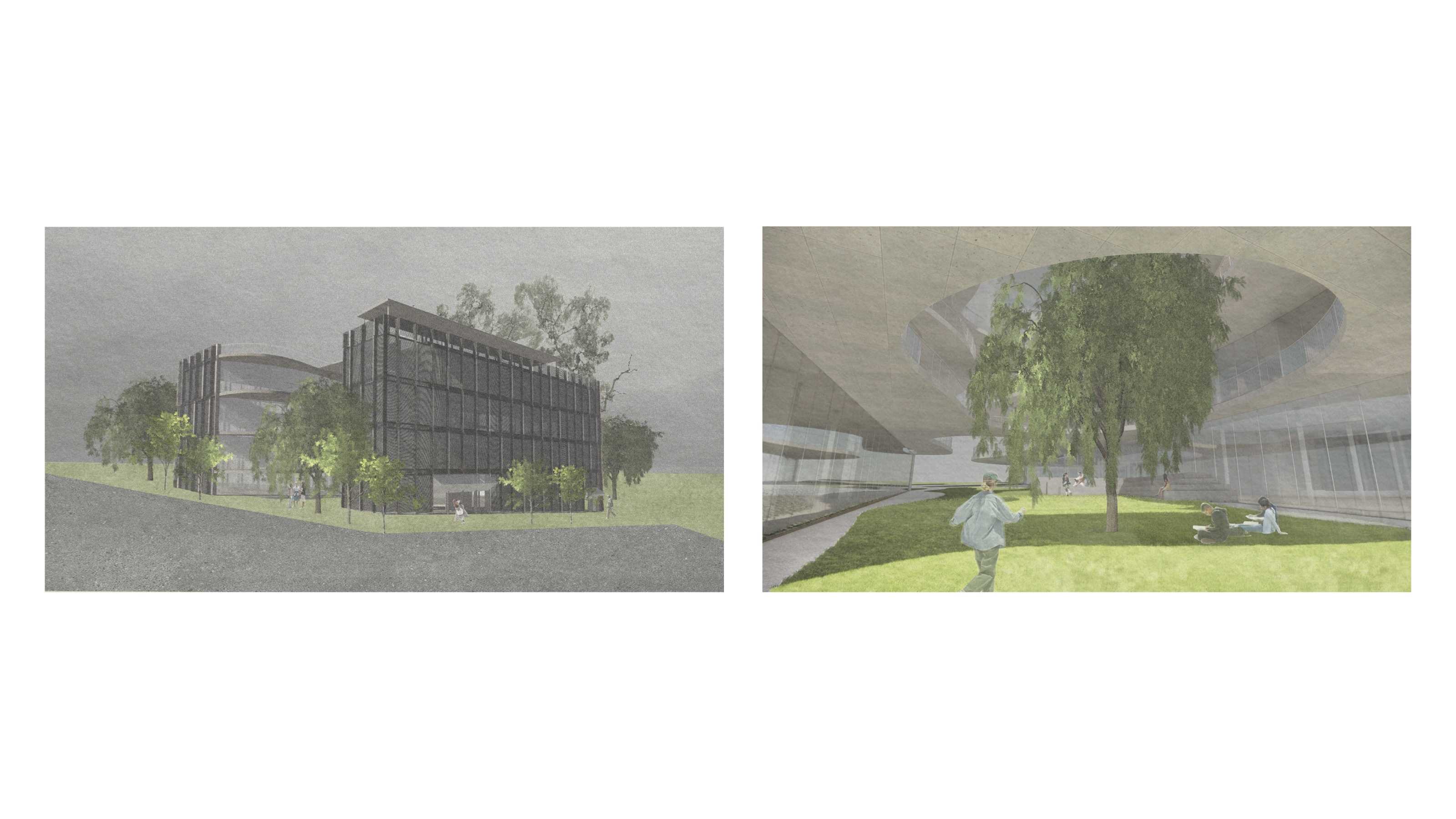 Visualisation of Approach and Courtyard: Moving inwards, visitors transition from the structured edge of the city into a calmer spatial atmosphere, one that seeks to reconnect with the rhythms of Country. 

