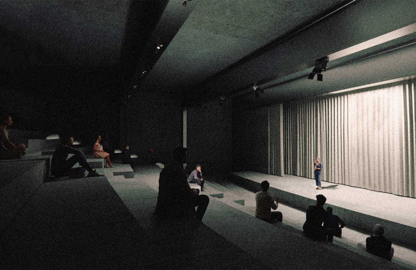 An auditorium carved into the project's black volume, with cascading steps that mirror the external profile.
