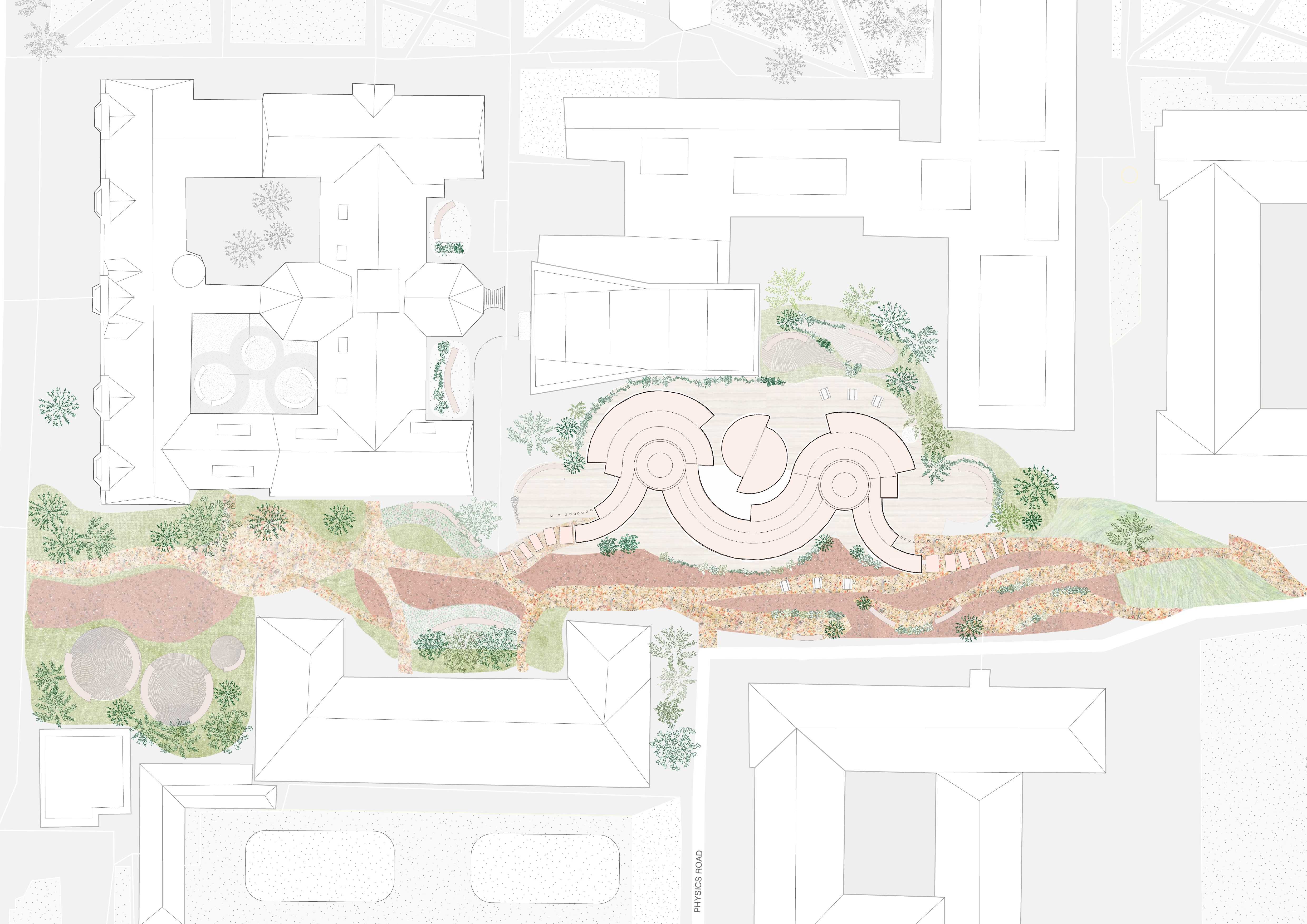 Landscape Plan - showing the surrounding bio-swales, seating and foliage along the site.