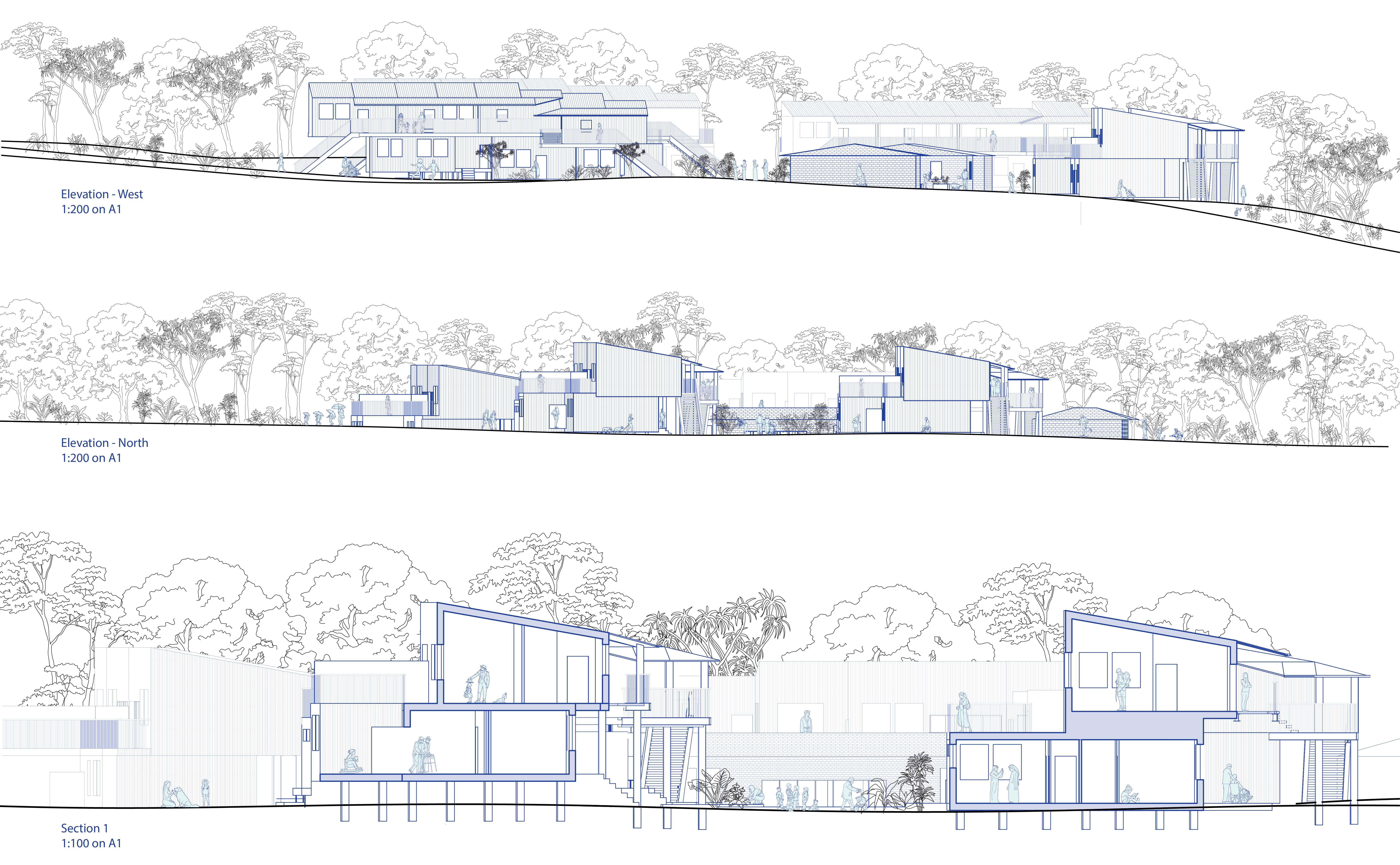 West Elevation, North Elevation, and a Section
