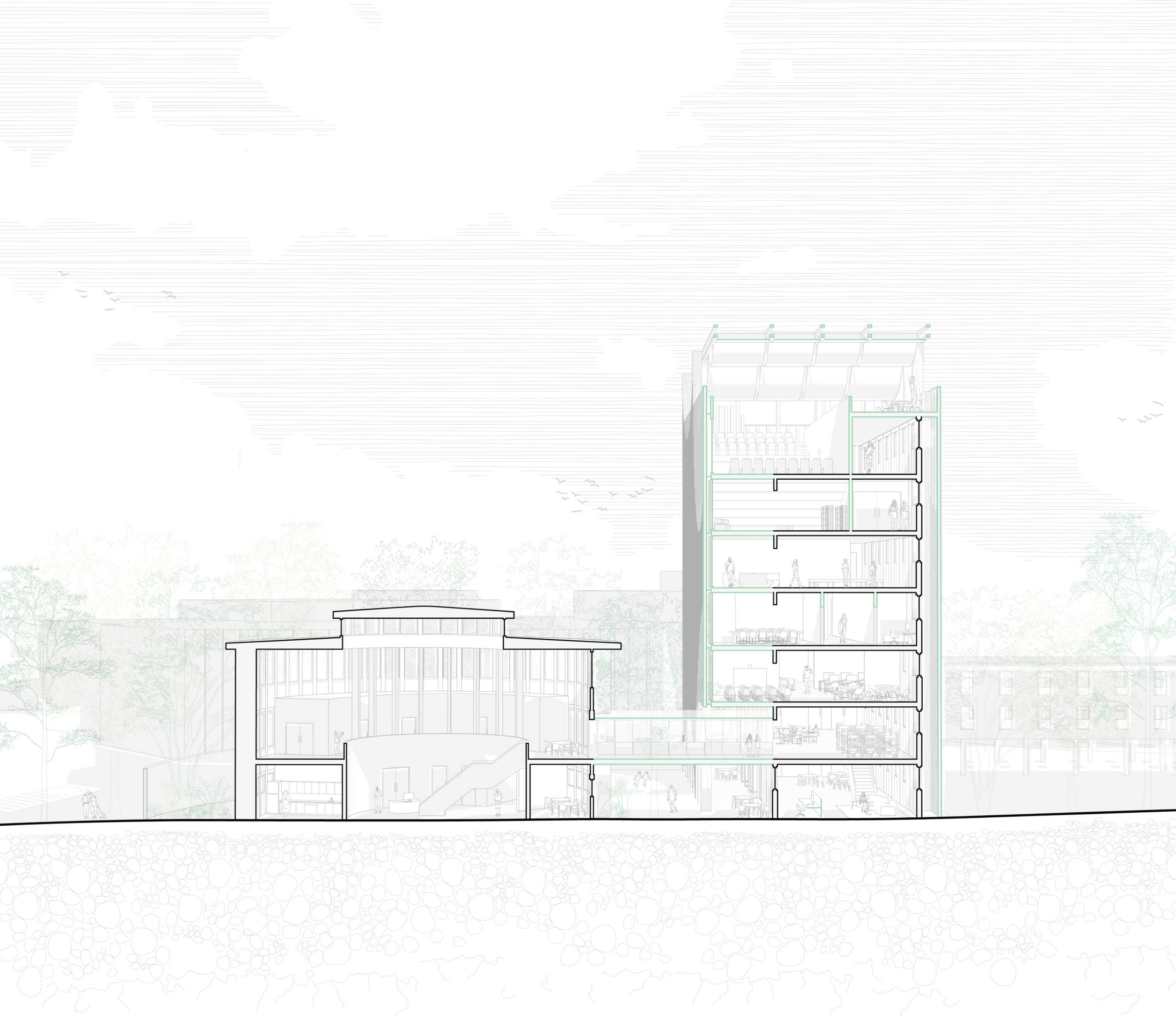 1:100 Sectional perspective cutting through the original Rotunda, the Footbridge and the New Dormitory buildings. 
