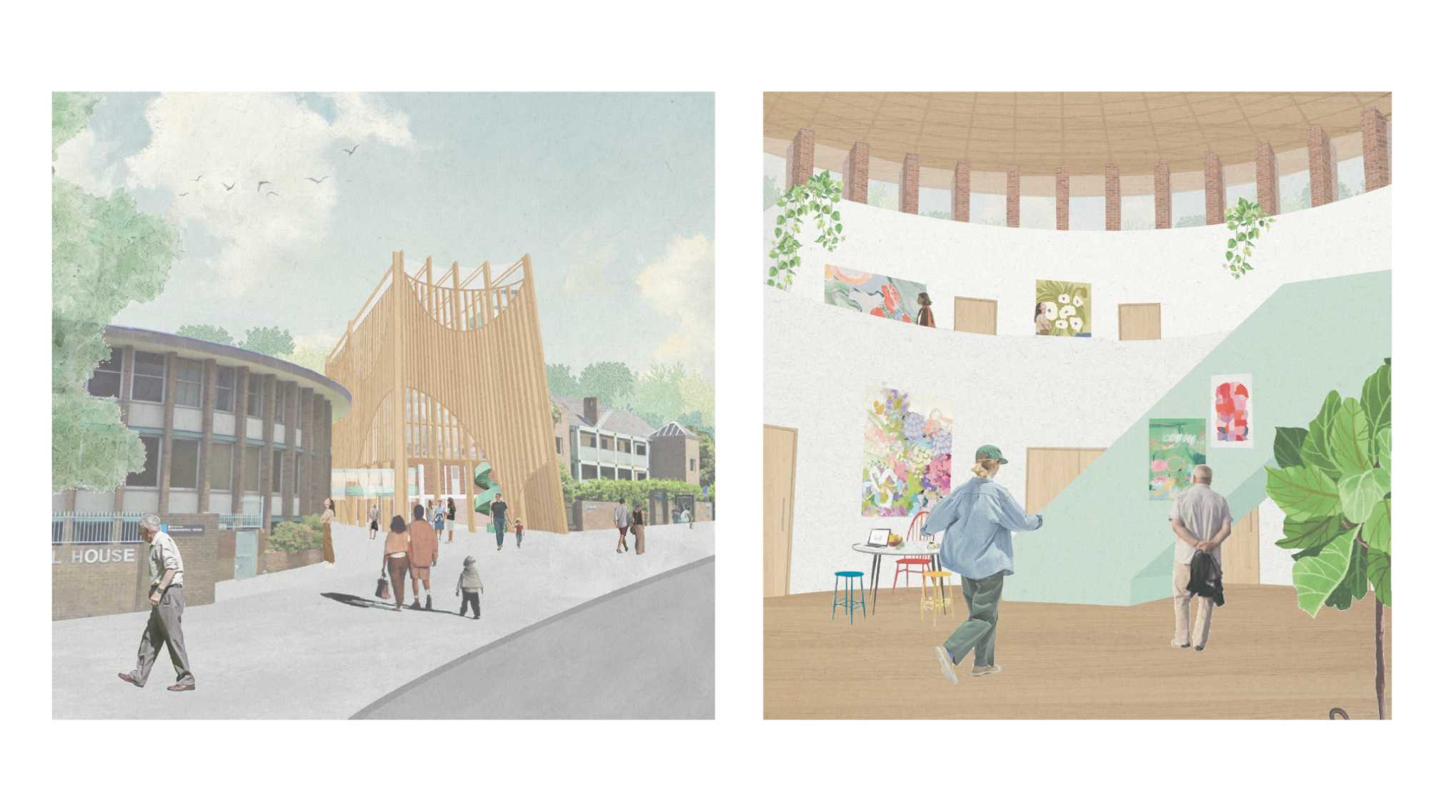 Exterior Render (Left) | Standing in the Rotunda, Interior Render (Right).
