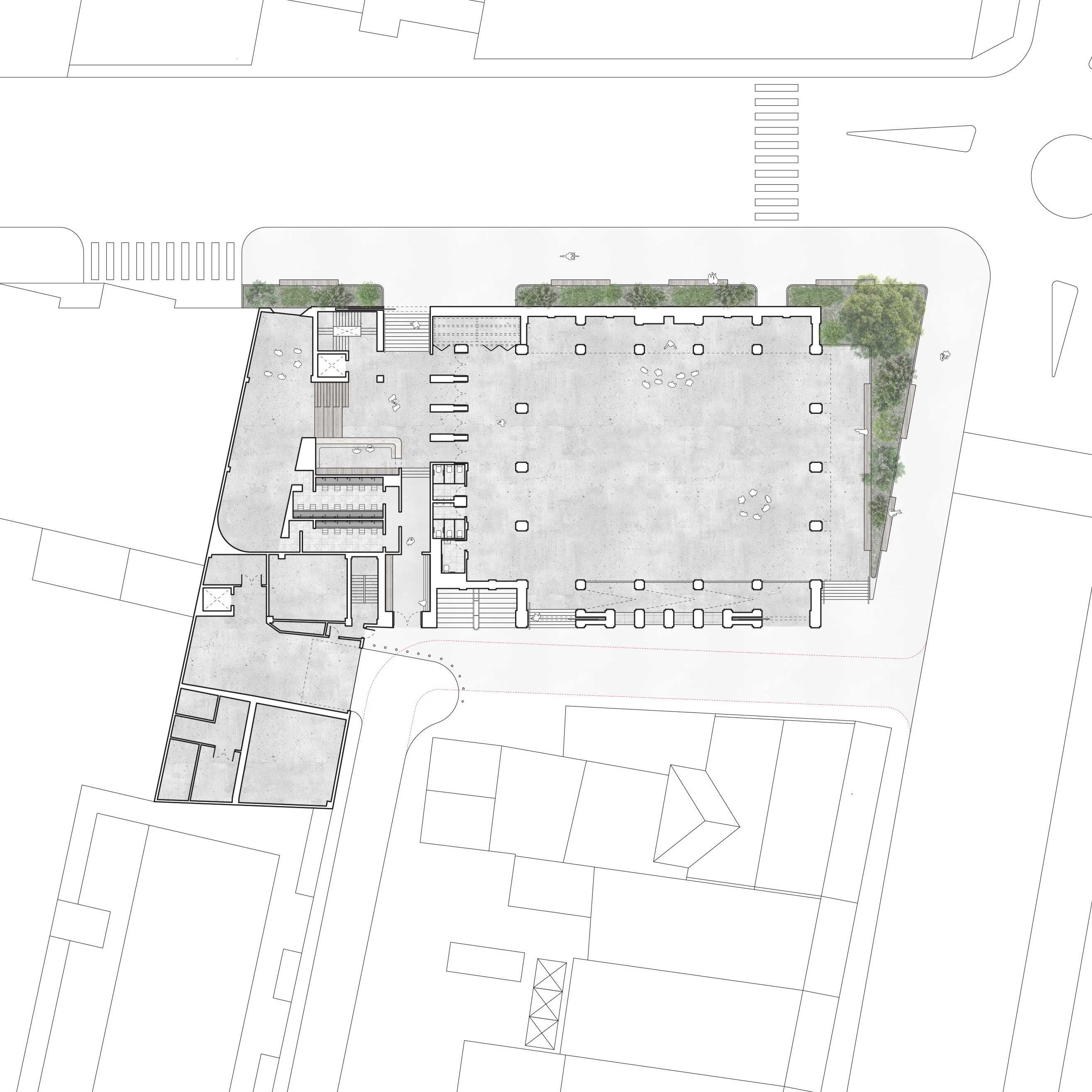 Ground floor arrangement occupying the existing basement slab, comprising facilities for religious expression adjacent the generous civic space provision within the Sacred Stoa.