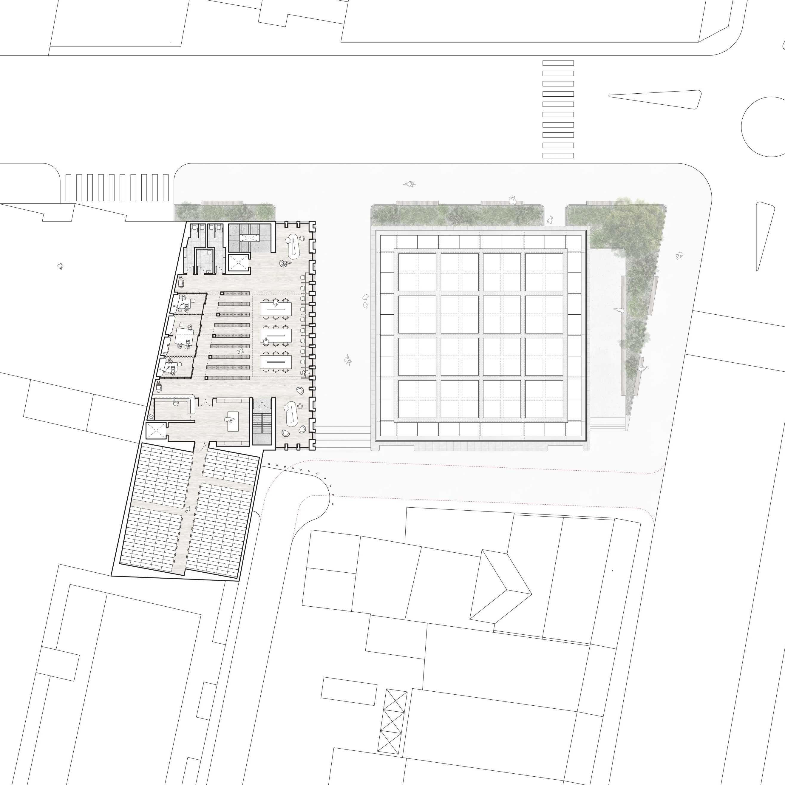 Upper level plan comprising a religious archive in the southern annex that interfaces with a public library/reading room that overlooks the skylit roof of the Sacred Stoa.