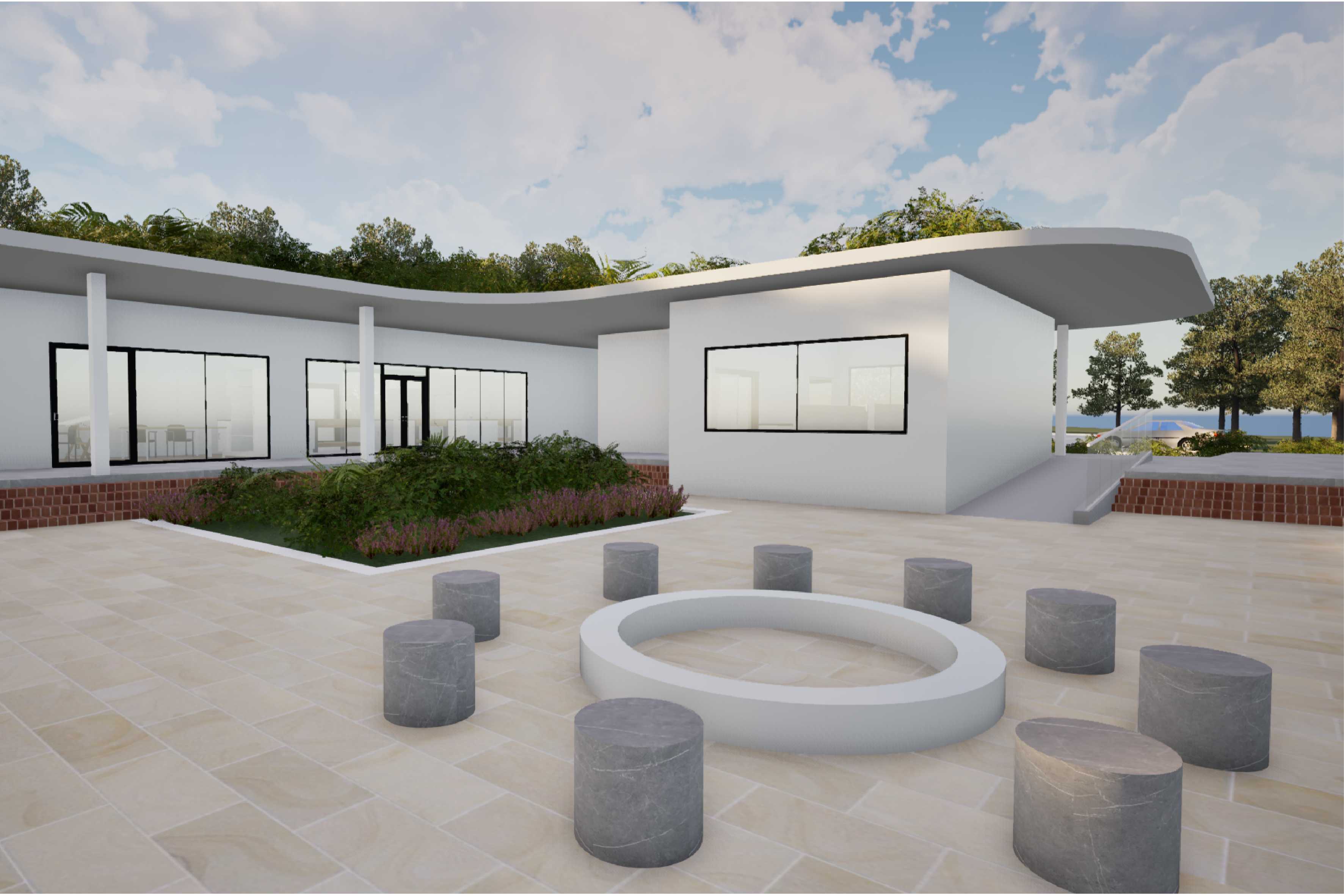 Courtyard Shot presenting central yarning circle and enclosed space around it.
