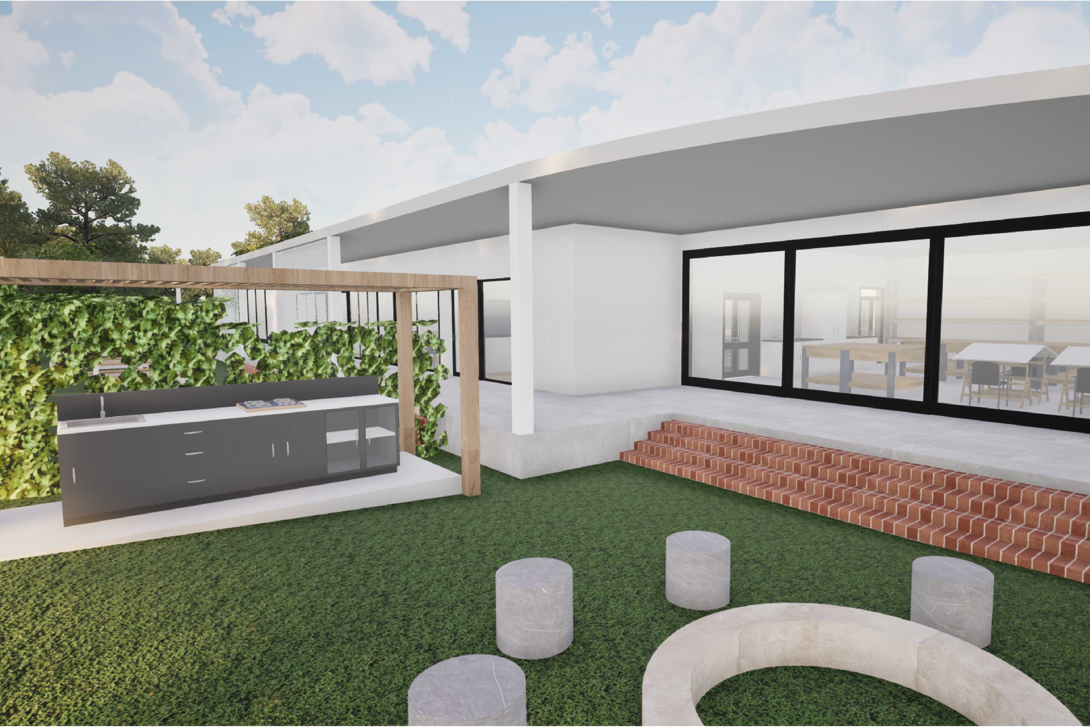 Private, secluded back garden area connected to men's cultural workshop featuring dedicated yarning circle and kitchenette.
