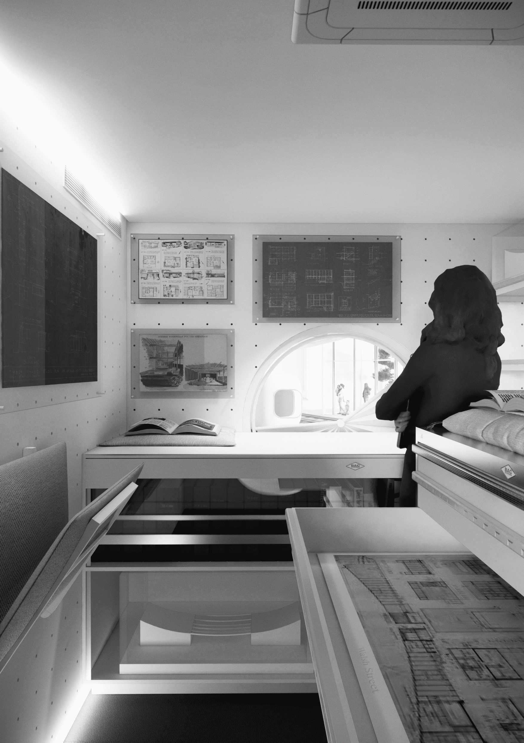 Artifacts are organised into capsules, generating a controlled archival field. Each capsule safeguards documents, models, and material remnants otherwise susceptible to degradation, ensuring continued accessibility within a stable curatorial framework.