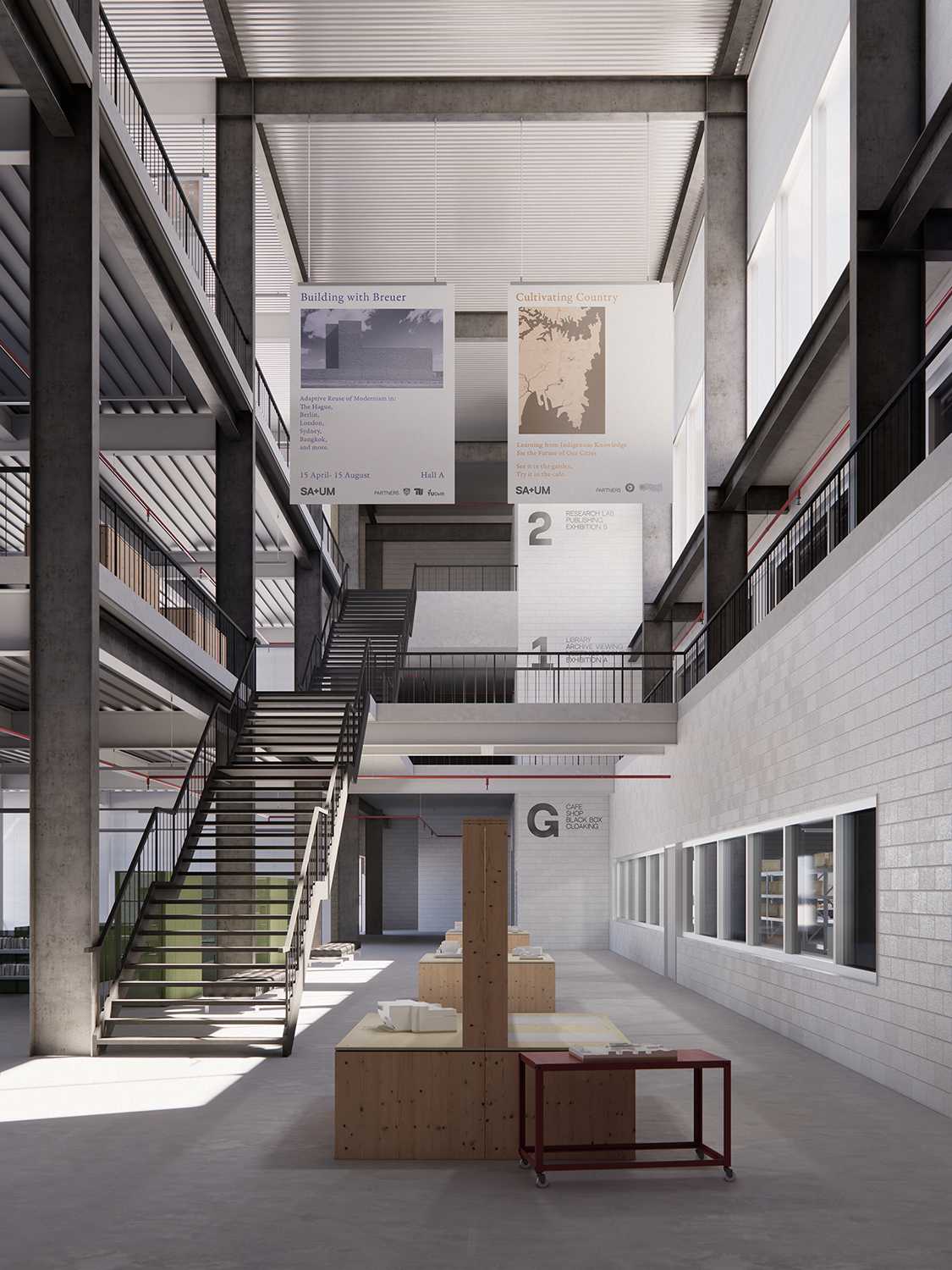 The triple height space of the Torin building's former storage stack is preserved as a central atrium with extension structure to the left and programmatic infill to the right