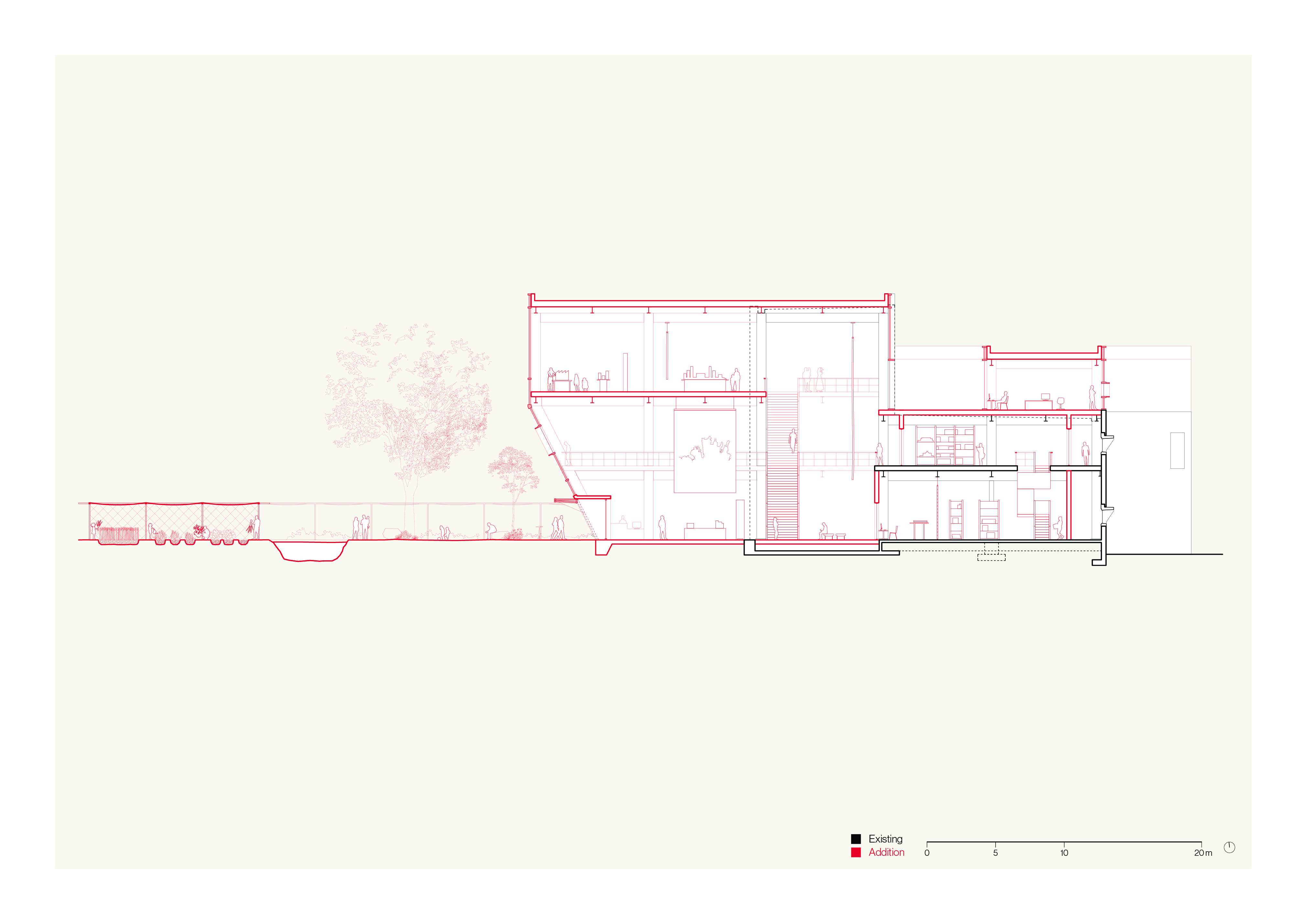 Section: A new core, built on the boundary between former storage and factory space, provides lifts to move people and objects. The 18 meter void is preserved in the extension. 
