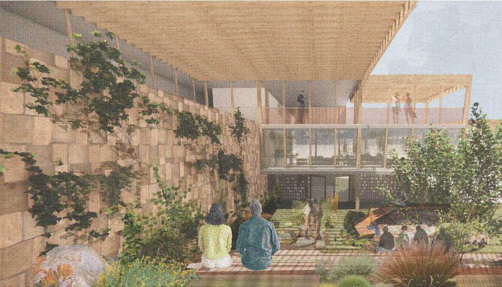 The healing amphitheatre weaves Indigenous garden beds throughout its stepped form, restoring local ecosystems while offering a calming, nature-immersed space for cultural gathering, reflection, storytelling, and community healing.
