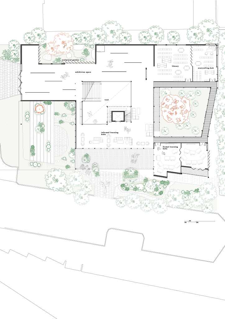 The building is shaped by its surrounding landscape, with three key green spaces dissolving boundaries and removing hierarchy between built form and nature, creating a unified, interconnected environment grounded in Country.