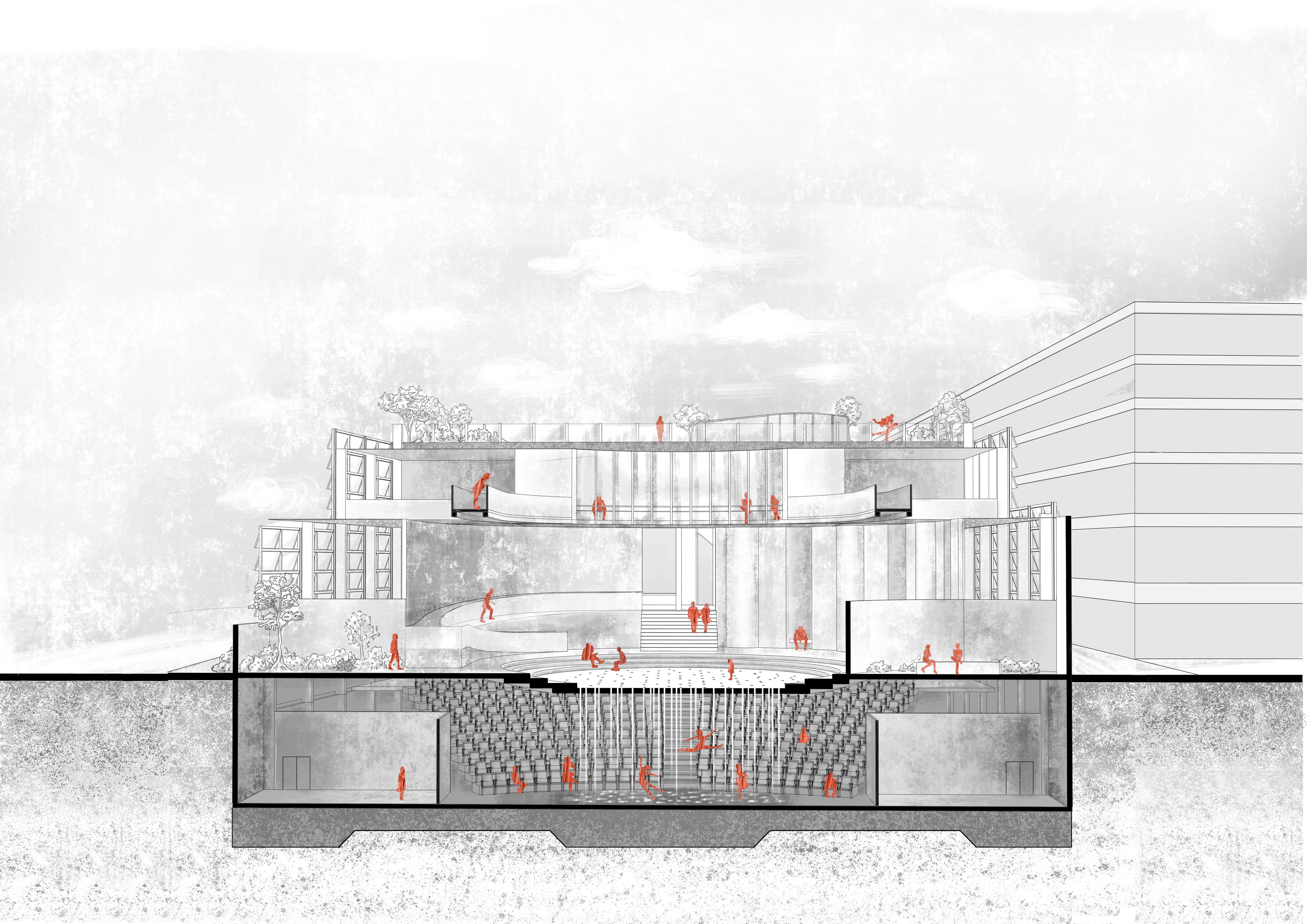 The circular outdoor amphitheatre with pinholes allow light to flow underground into the indoor performance space during the day. At night, interior light radiates outward, signaling activity below.