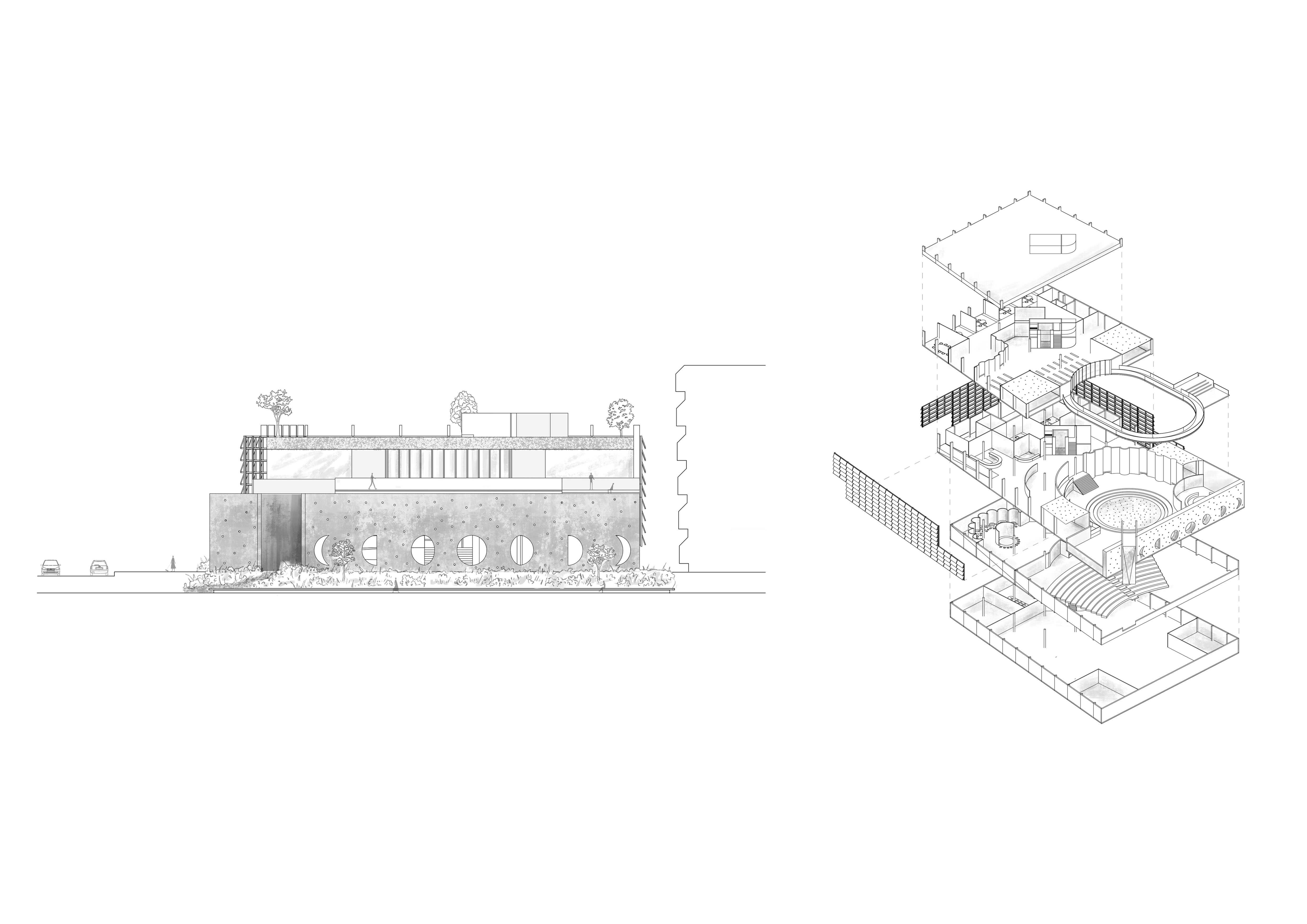 Elevation and exploded isometric
The thick wall of the main entrance frames glimpses of interior activity, encouraging curiosity, while the angled entrance guides visitors inward and frames shifting views.