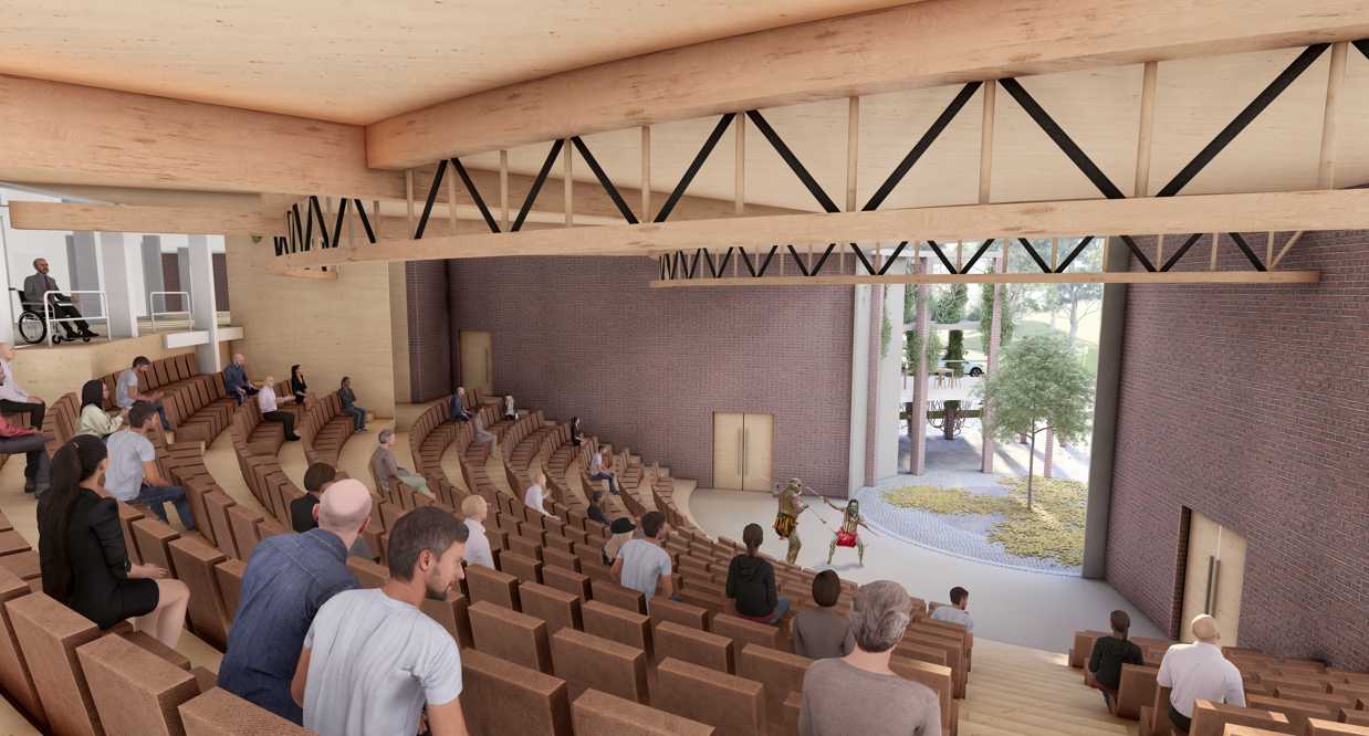 Photorealistic Render of the Theatre; operable stage screen allows the performance to visually connect with the centre of the rotunda pavilion. 