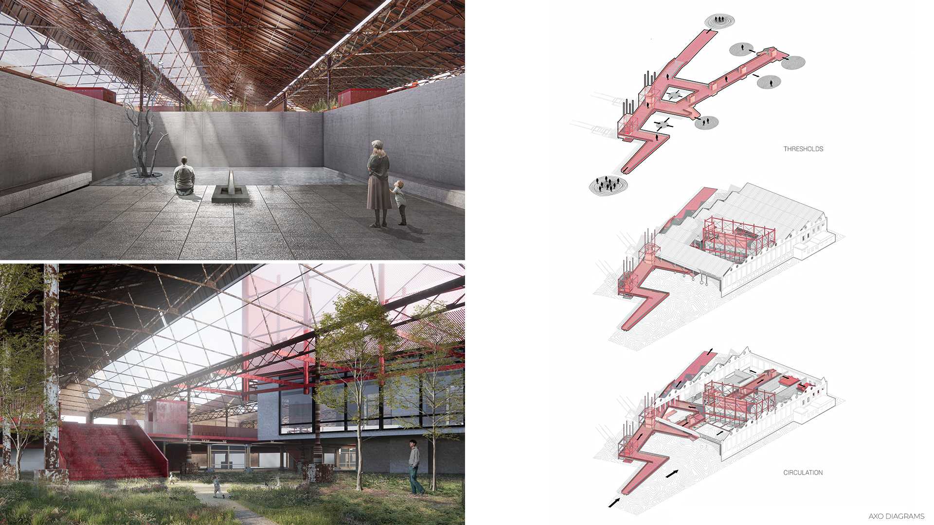 The sky room offers a quiet pause, while the courtyard supports lively gathering. The axonometric diagrams map how thresholds and ramps choreograph movement across these shifting spatial conditions.
