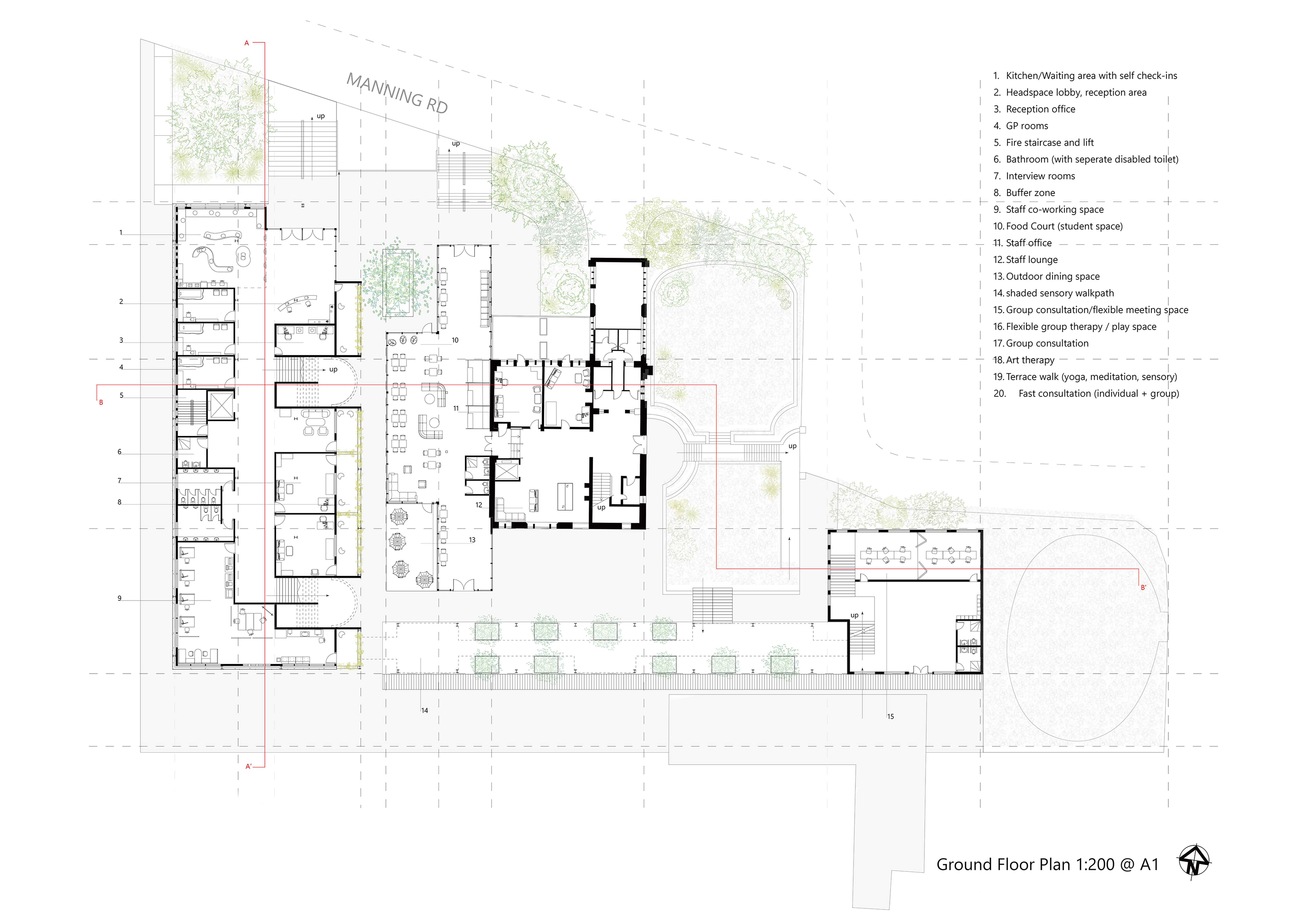 Ground level plan - showing the relationship between the old Manning House, the new Headspace, the Headspace satellite, and the sensory walkway in between