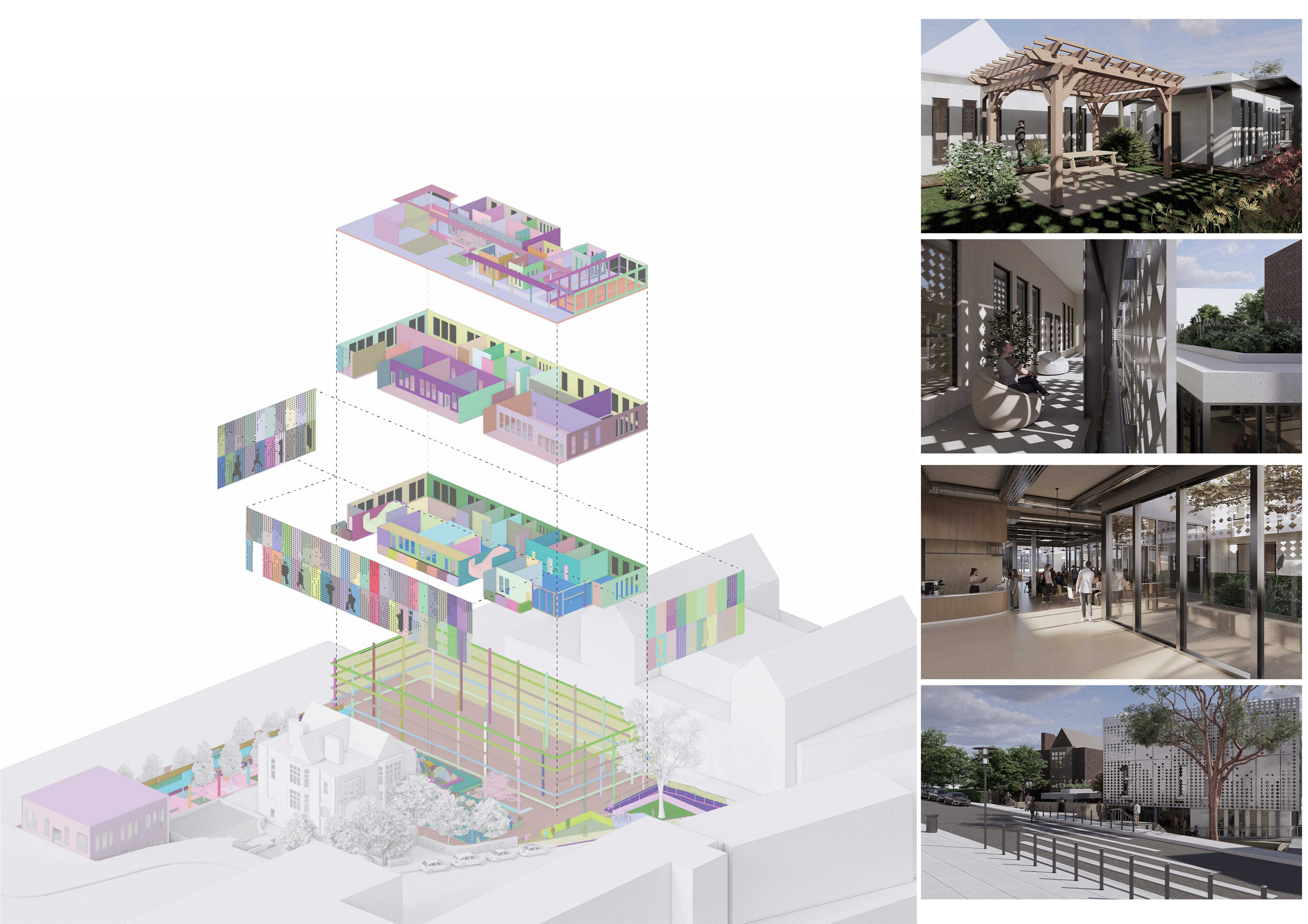 renders - showing the exterior perspective, new food court, buffer zone, rooftop garden