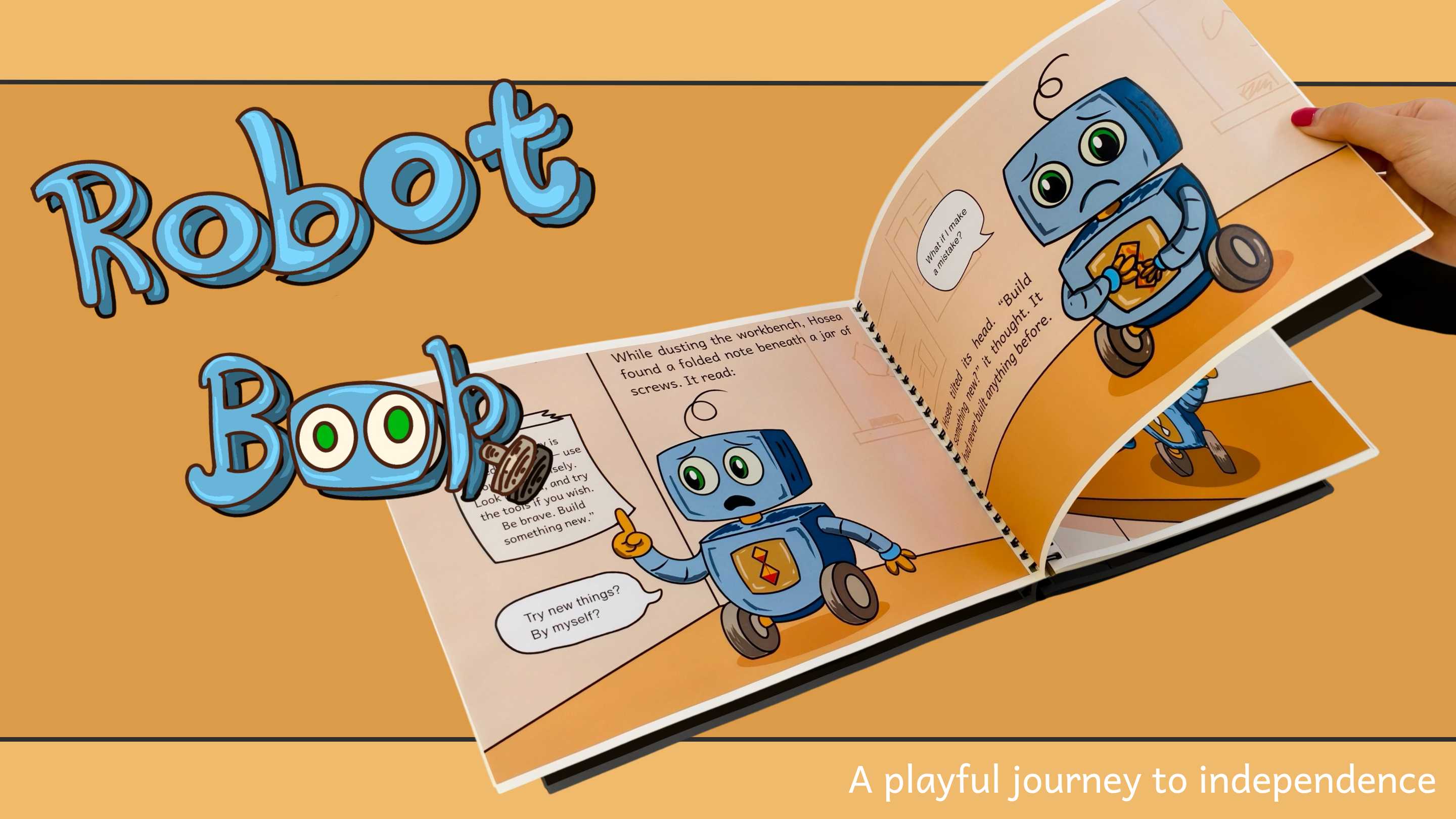 A playful journey where a little robot discovers independence step by step, learning to be curious, brave, and kind. A warm story that inspires young readers to grow confidently.
