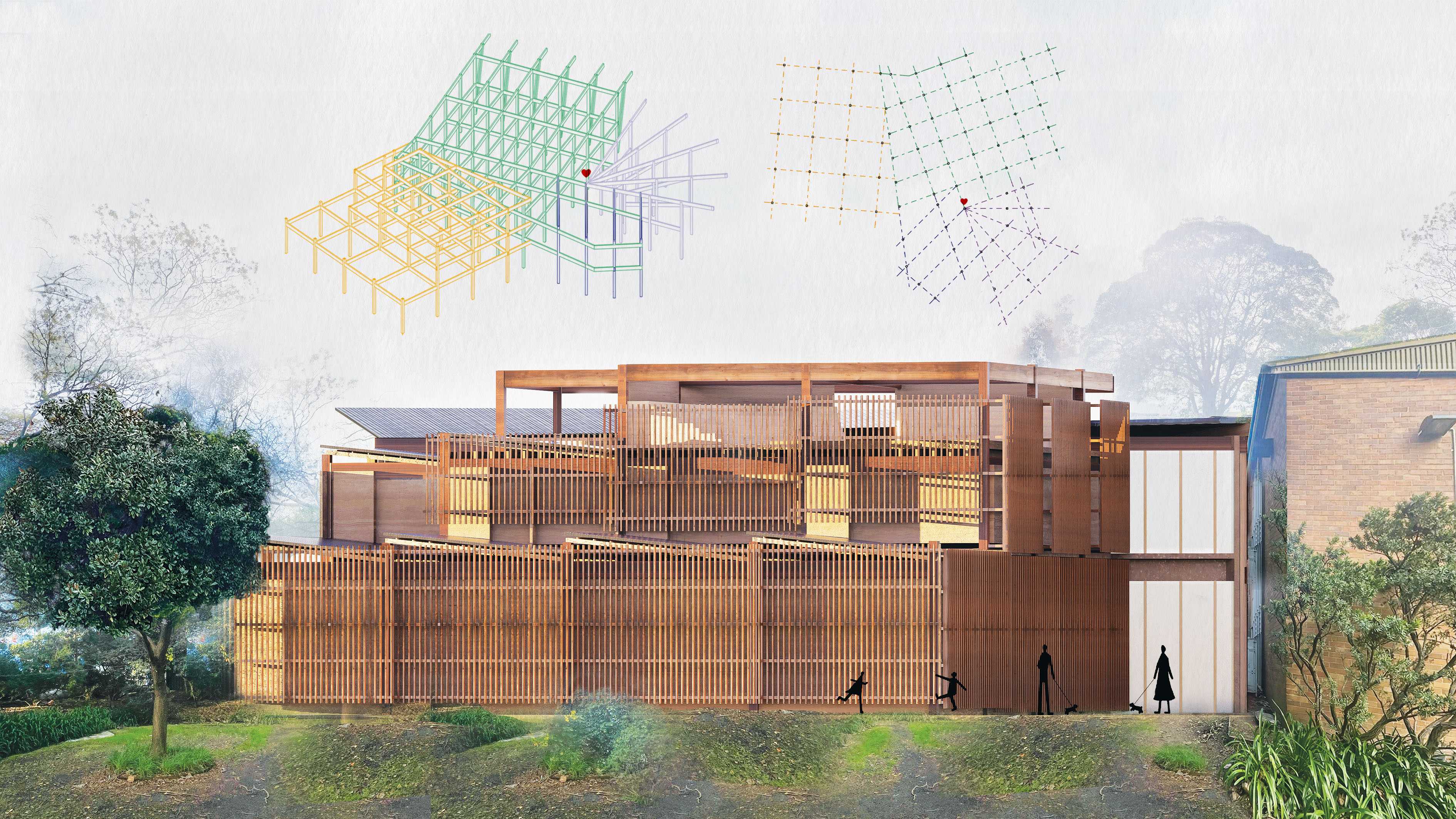 Western-Facade Visualisation.

Four grid systems organise functions and the columns act as choreographers directing users through space. This serial arrangement induces disorientation, making users trust the columns to define their position.