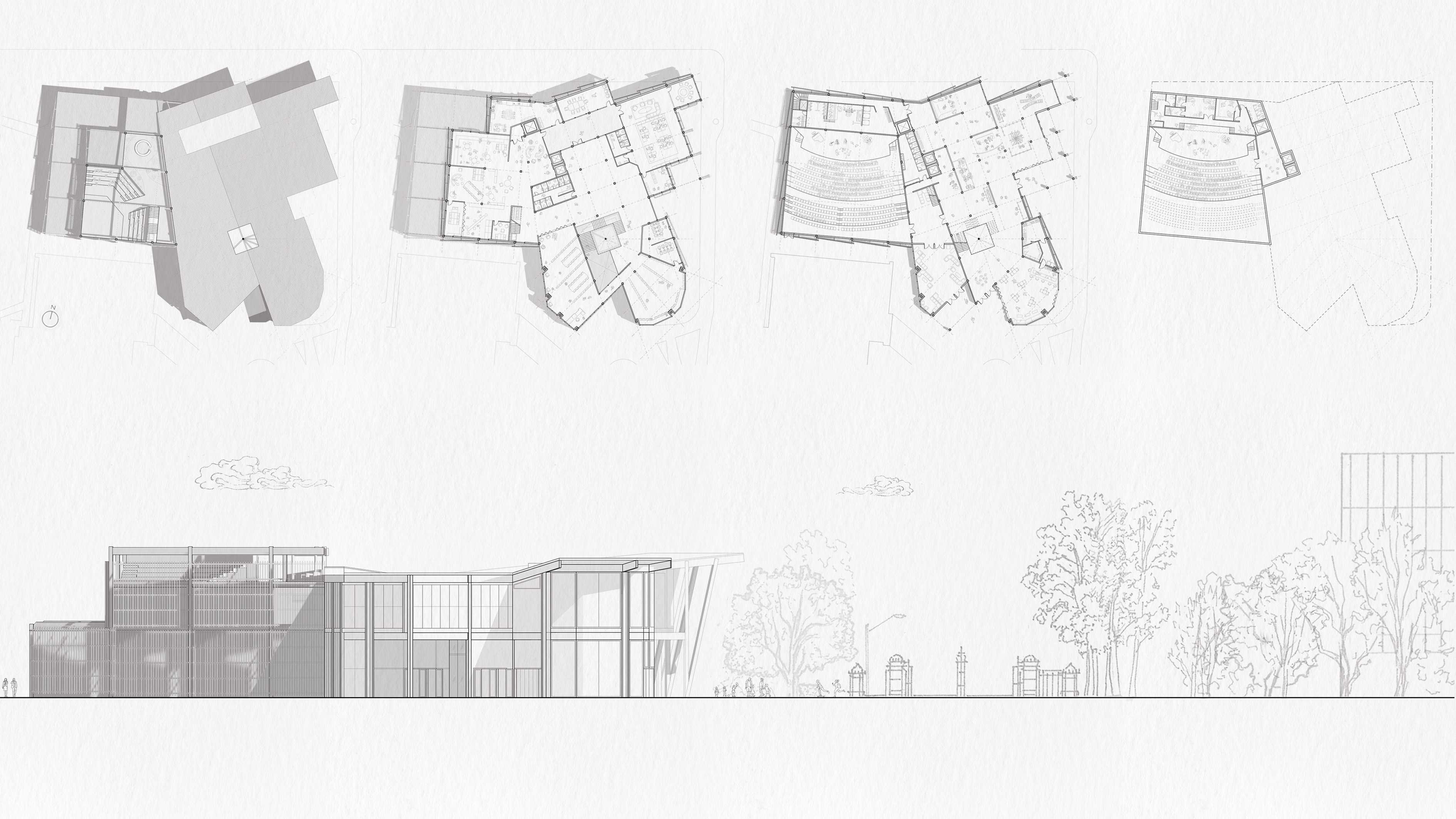 Plan (Left to Right): Roof, Level 1, Ground, Underground
South Elevation (Main Entrance)