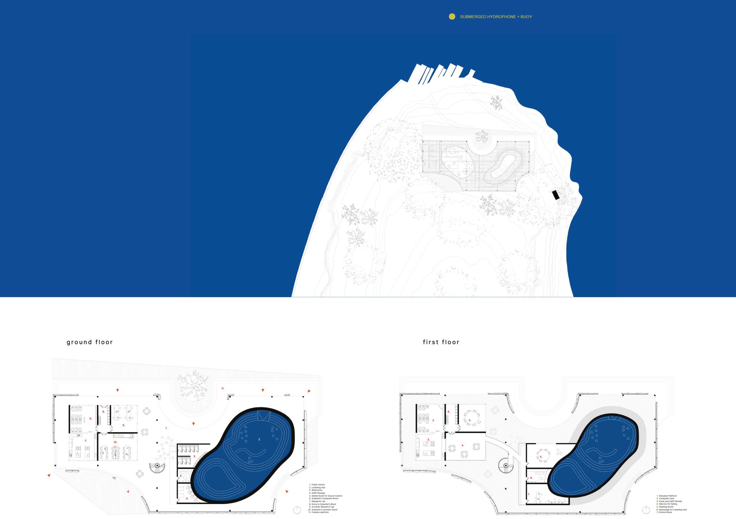 A site plan showing the translucent roof in relation to the surrounding Macquarie Point and Botanic Gardens context, along with individual detailed floor plans. 