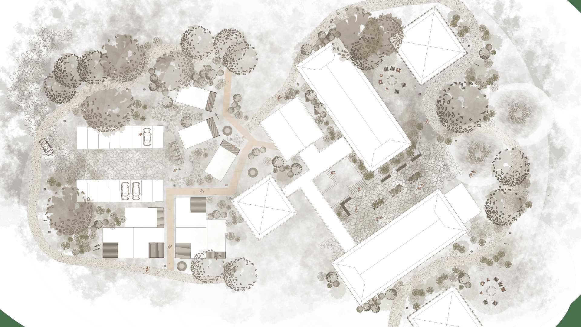 Amalgamation of the cluster homes and meeting space site plans that form a living lab