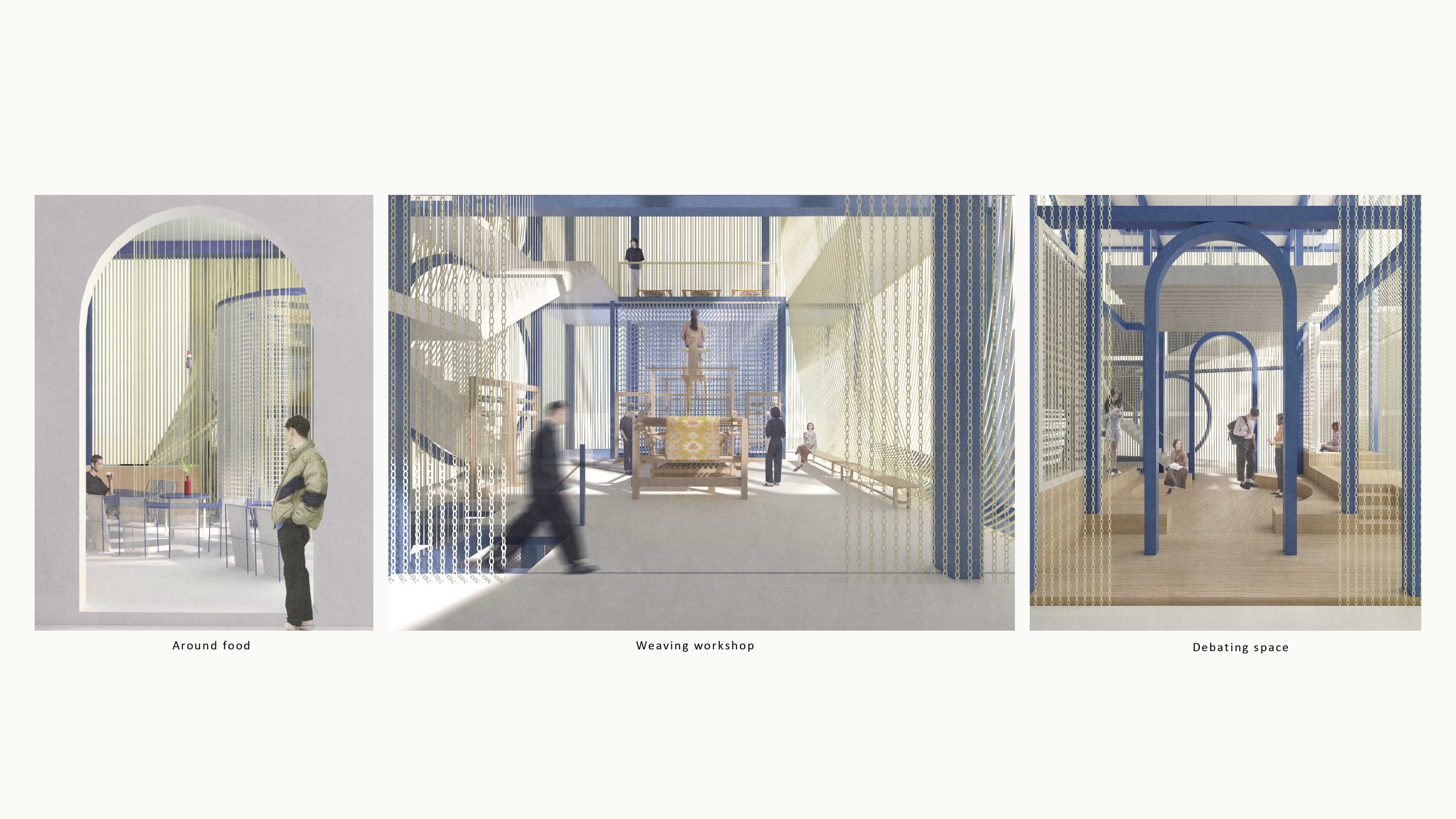 These three spaces form the project's heart: the Weaving Workshop, the Debating Space, and the Food Space with shared tables, all employing the woven aesthetic to foster belonging.