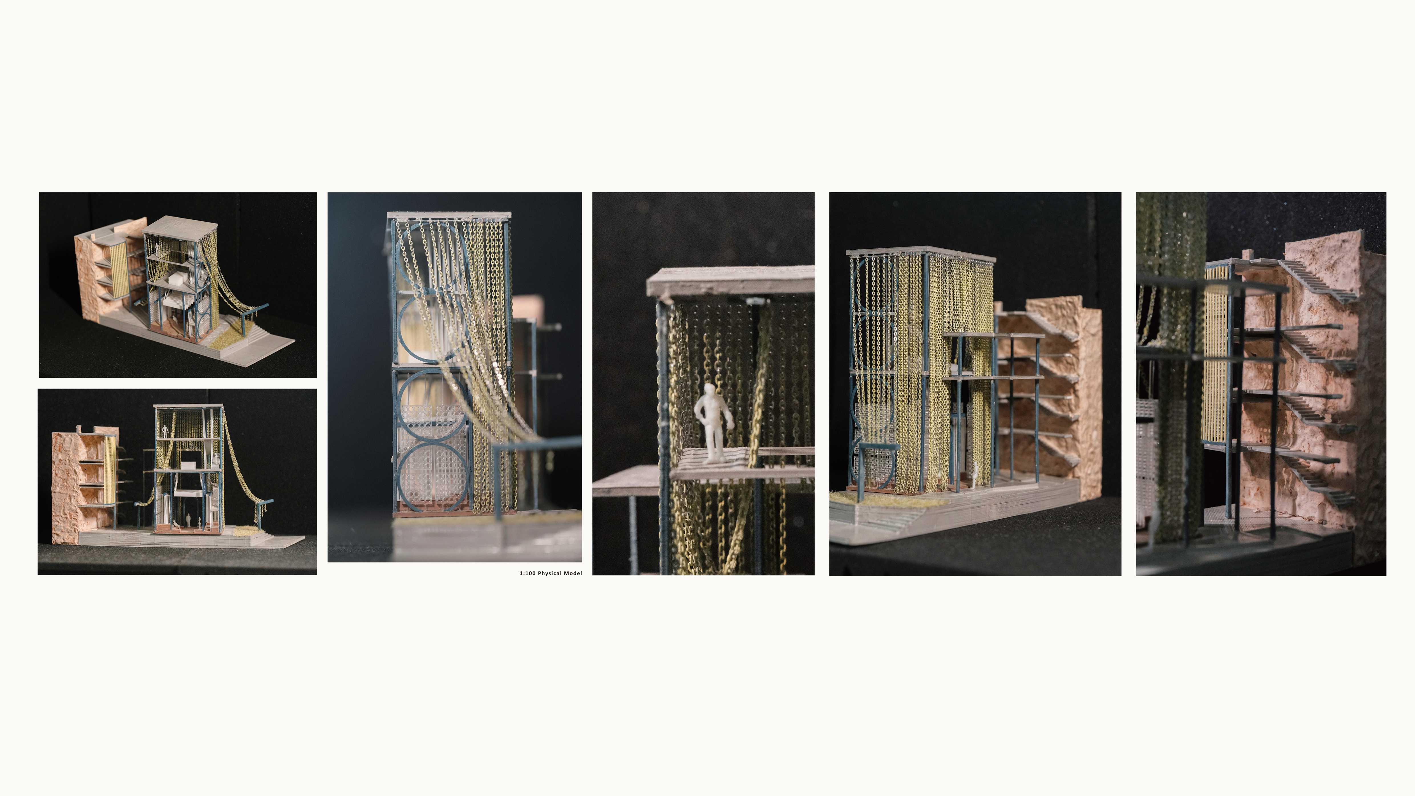 1:100 Physical Section Model, constructed using 3D-printed components, wooden panels, metal chains, and pigments.