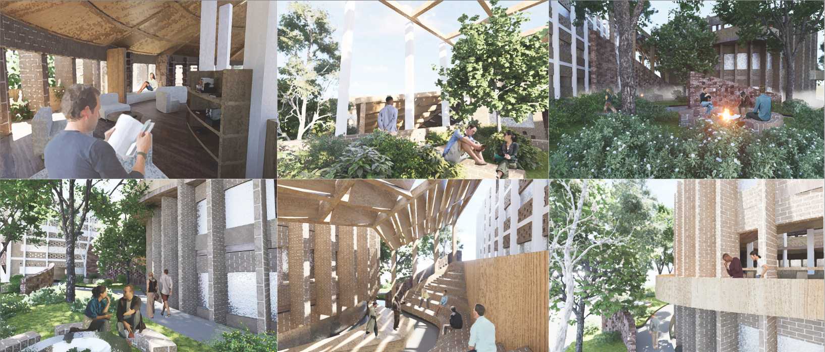 Top: Storytelling Hub library, Stewardship Hub terrace garden, learning garden by night
Bottom: Learning garden, amphitheatre, Storytelling Hub balcony extensions