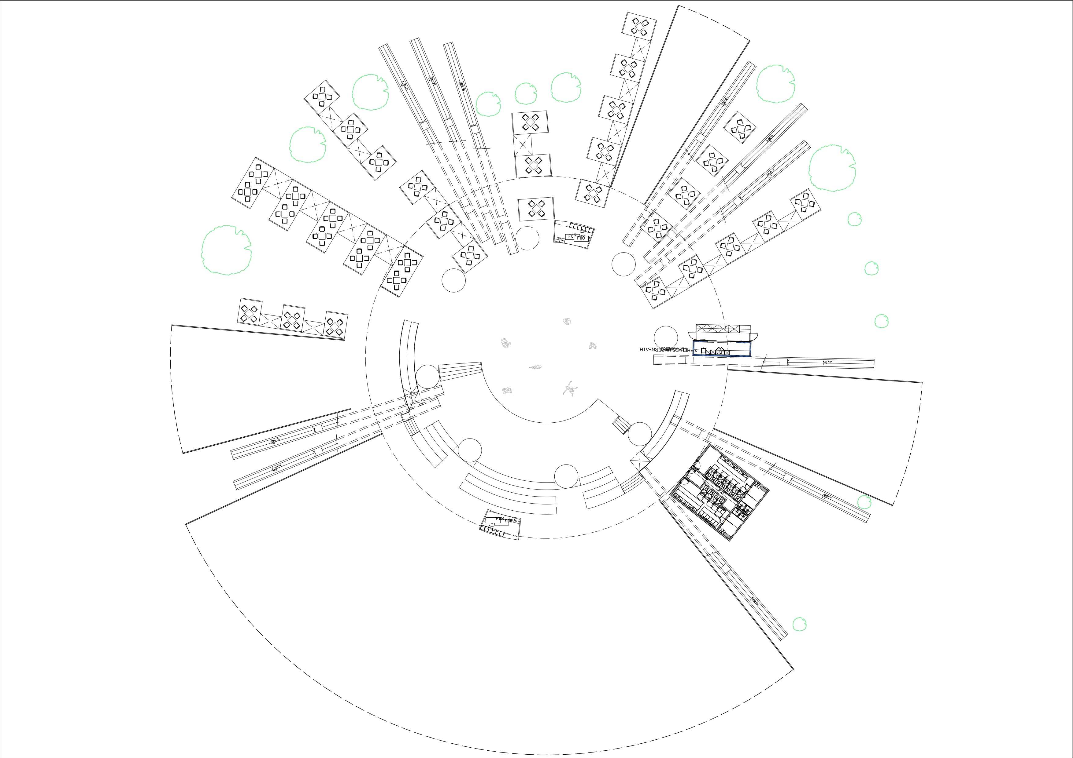 Ground Floor Plan - Dance is celebrated in the central dance hall, while the amphitheater is used flexibly. Niches of empathy are introduced in the dining and social spaces.