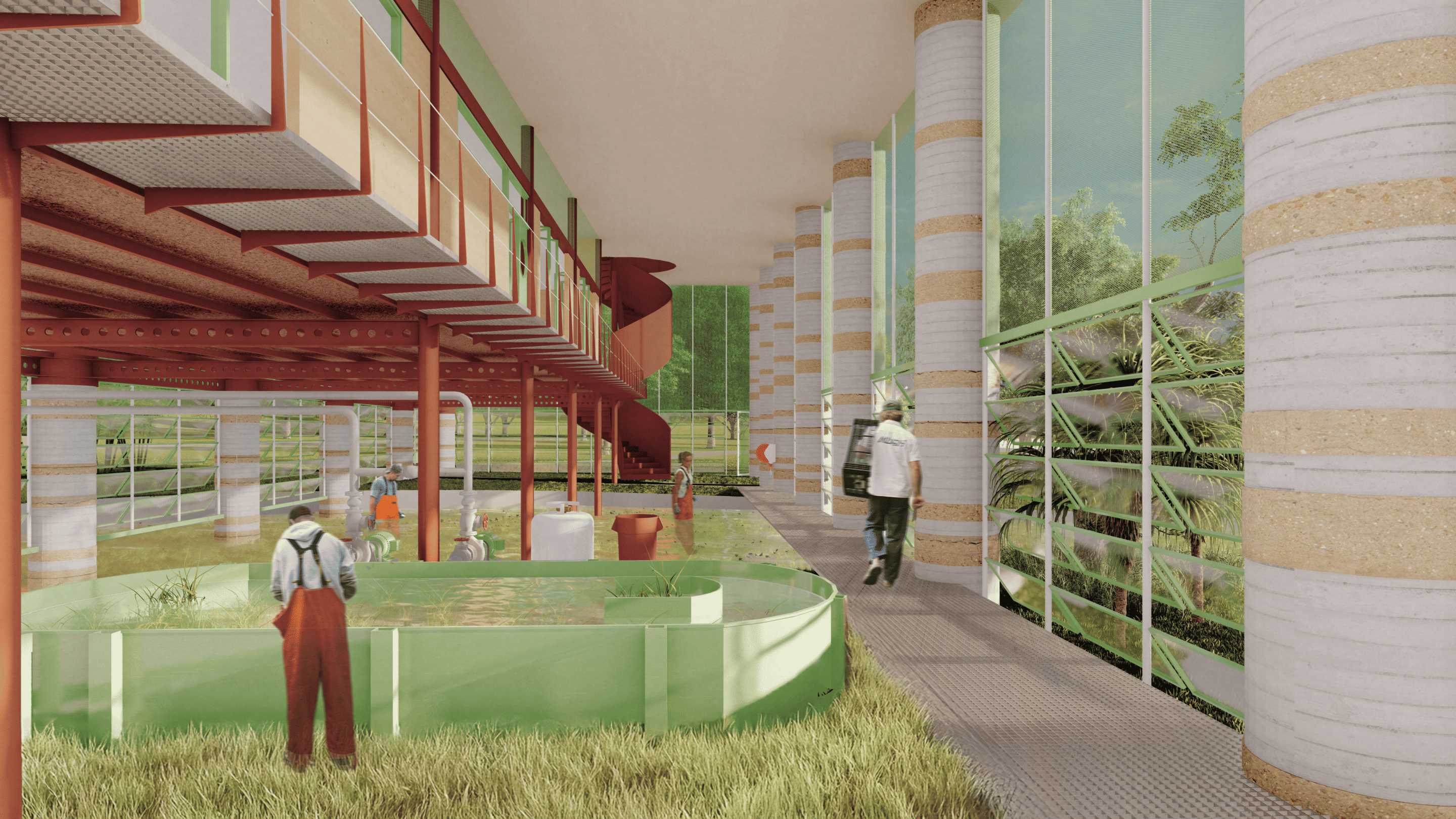 An image of the seagrass nursery and research facility, featuring layered concrete columns for support of oysters attachment, lightweight steel structure designed to allow for future functional changes