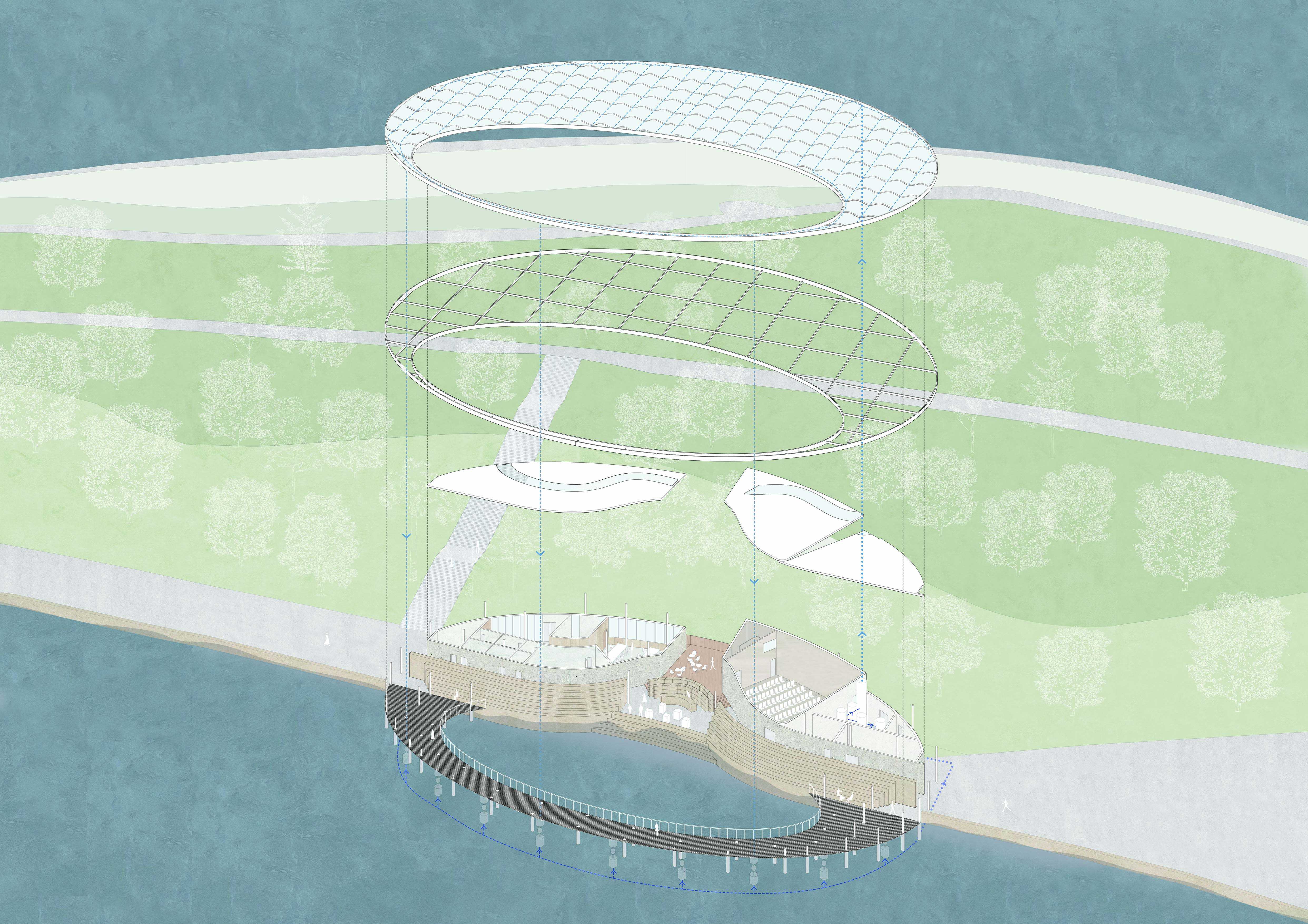 The exploded axonometric shows how water is pumped out of the sea and then flows down the roof after filtration.