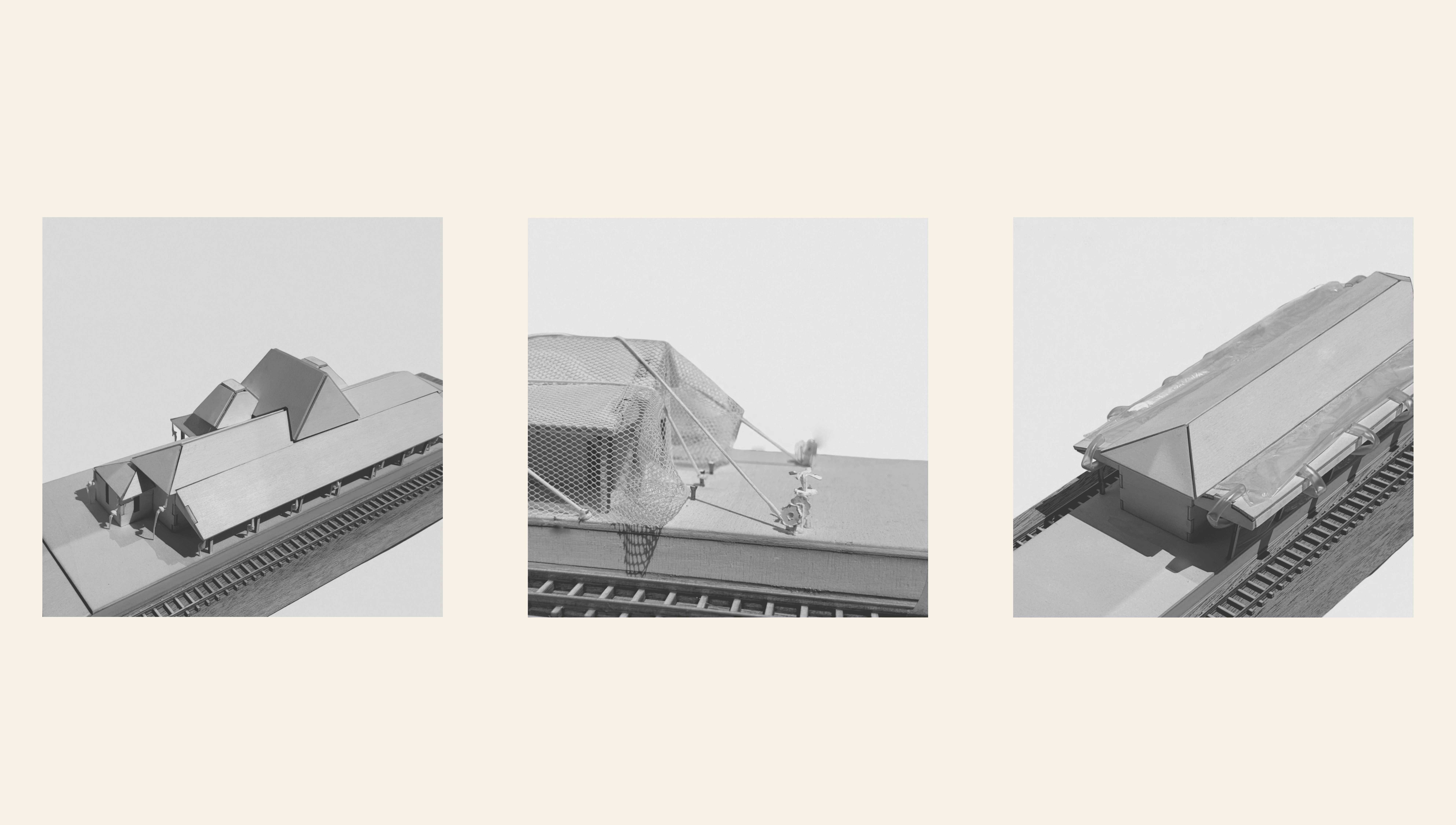 Model depictions of the stations as patients, each receiving a different form of care: structural support, tightening restraint, and gentle release into death.