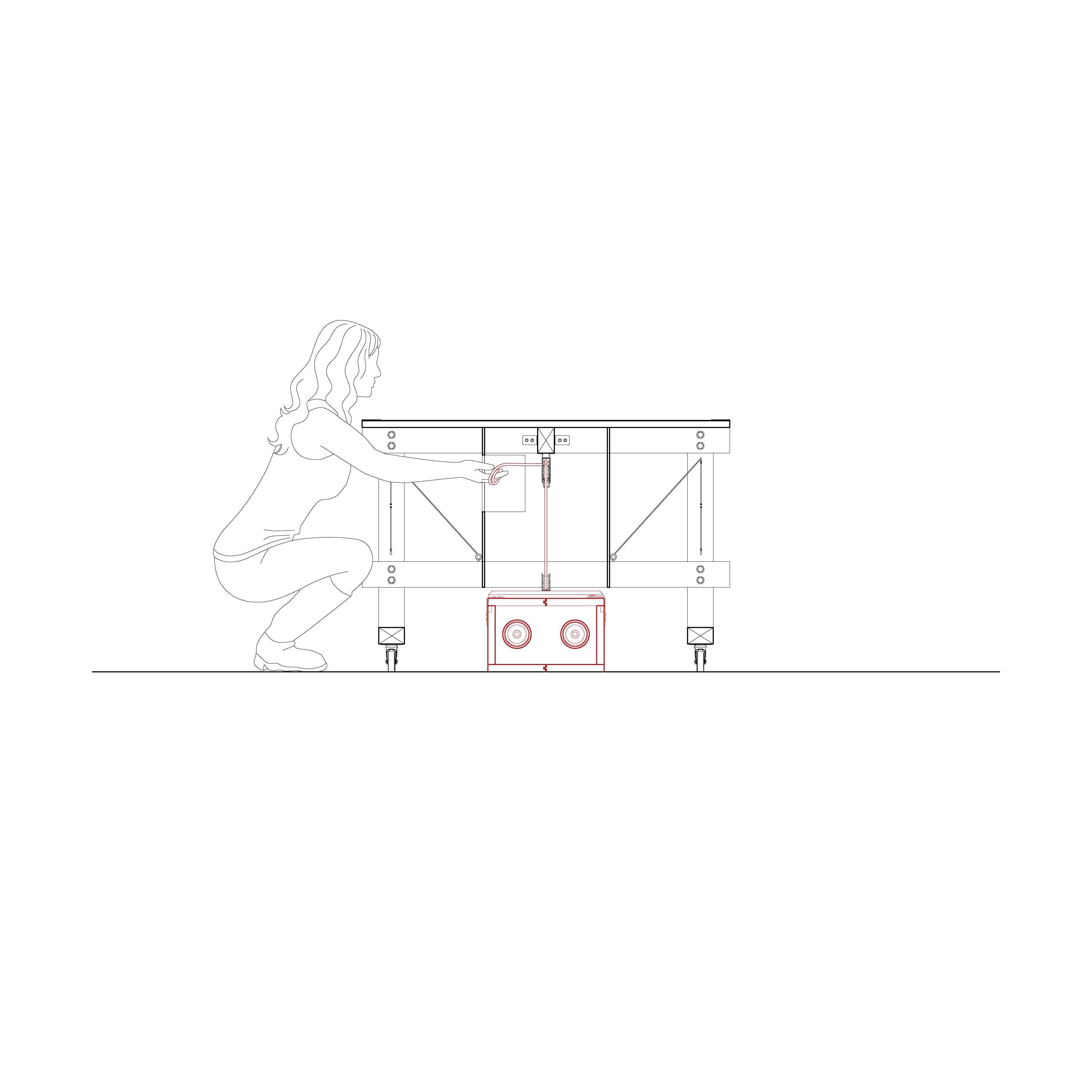 The structure is deceptive: beams that would typically span the entire underside of the module stop short at the sheathing, formulating a void for the supply crates to drop through. 