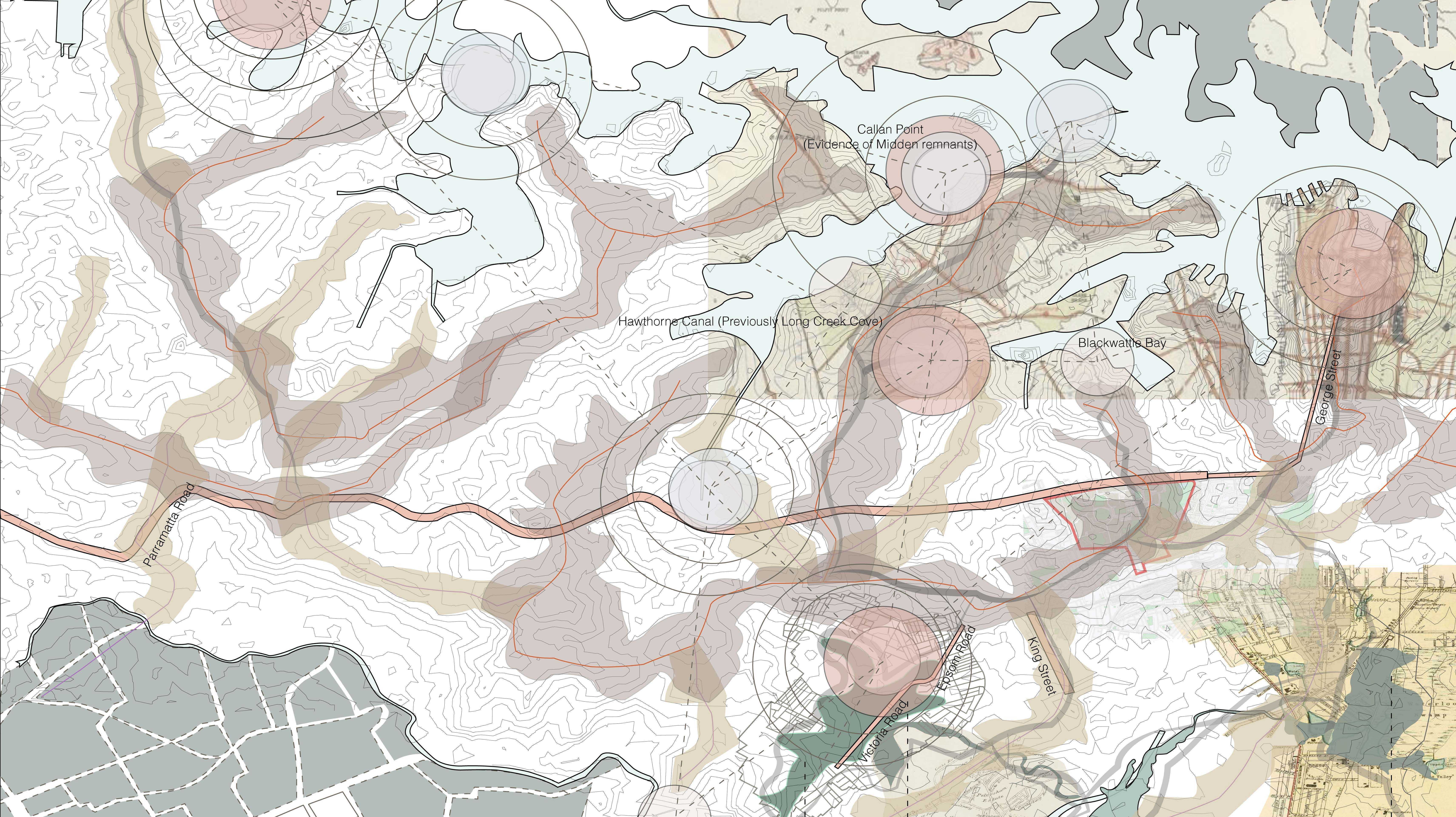 Mapping historic Indigenous ridgelines and gathering sites reveals the cultural pathways that shape this project, reconnecting Country through contours, movement, and stories embedded within the landscape. 