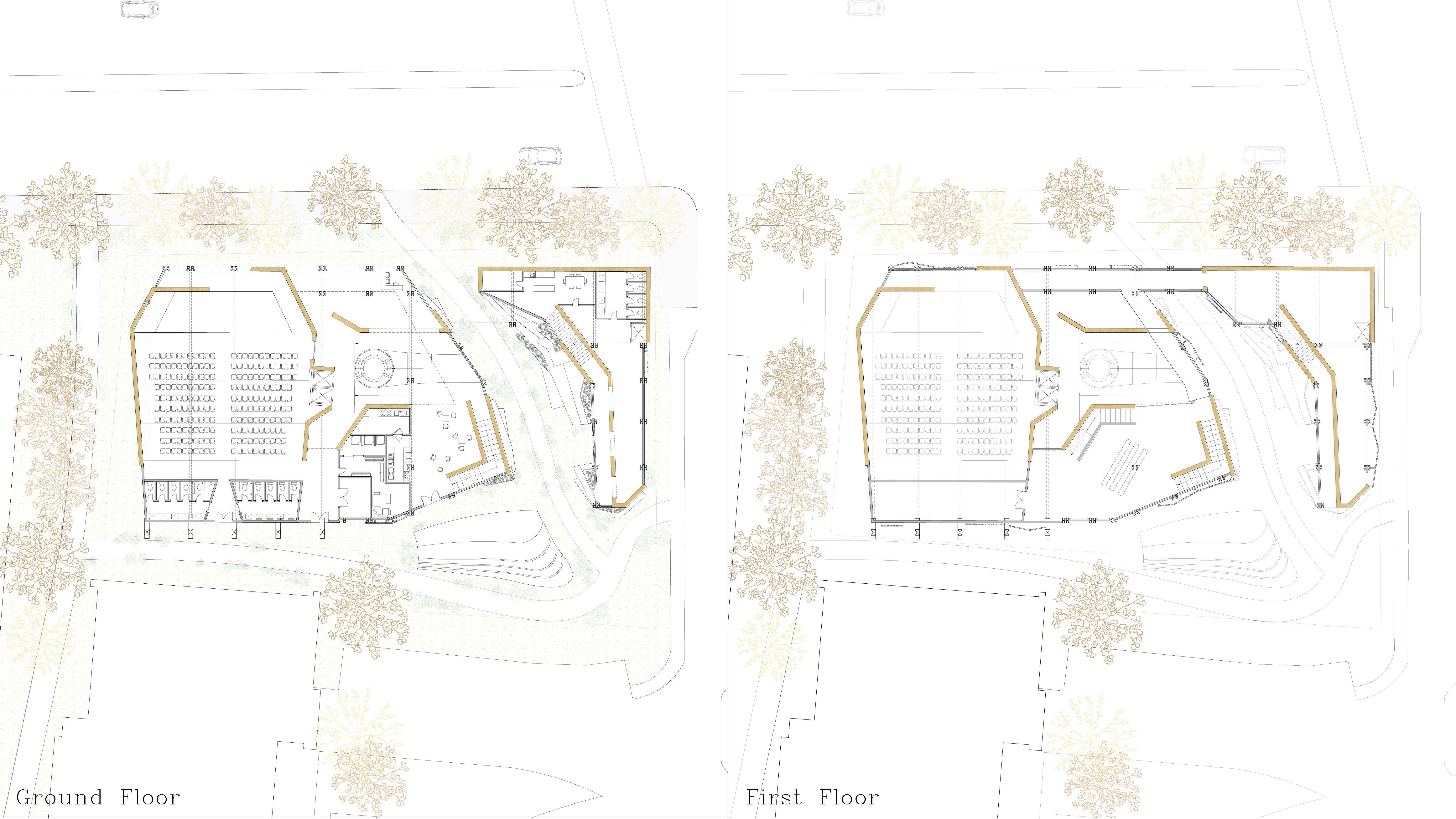 Ground and First Floor Plans
The pathway cutting through the site follows the ridgeline of the site, which carves out the shape of the building. 