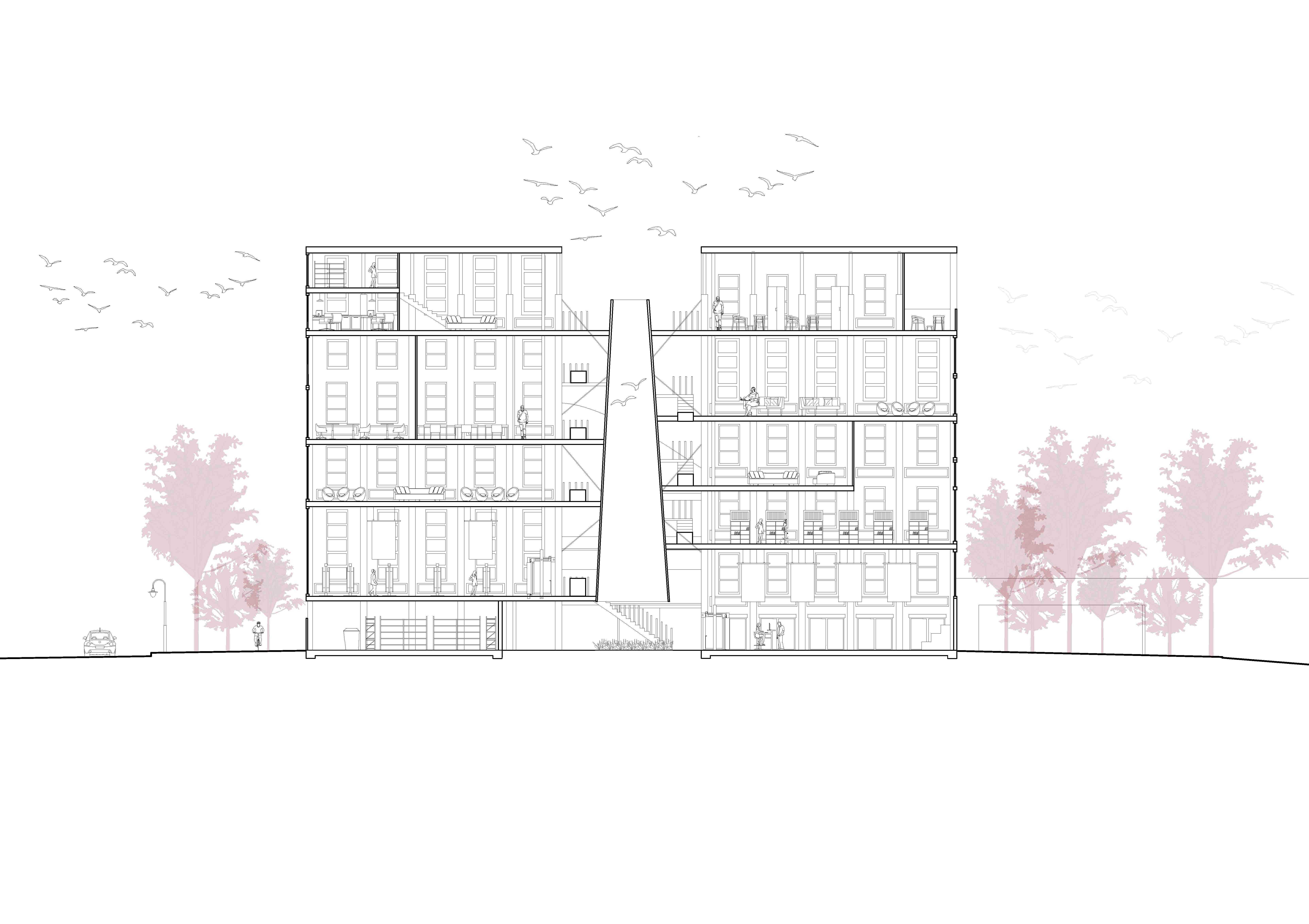 Section illustrating the project’s two rectilinear forms divided by the exterior circulation spine and wind chamber, showing how programs stack and connect across levels while framing the central acoustic void.