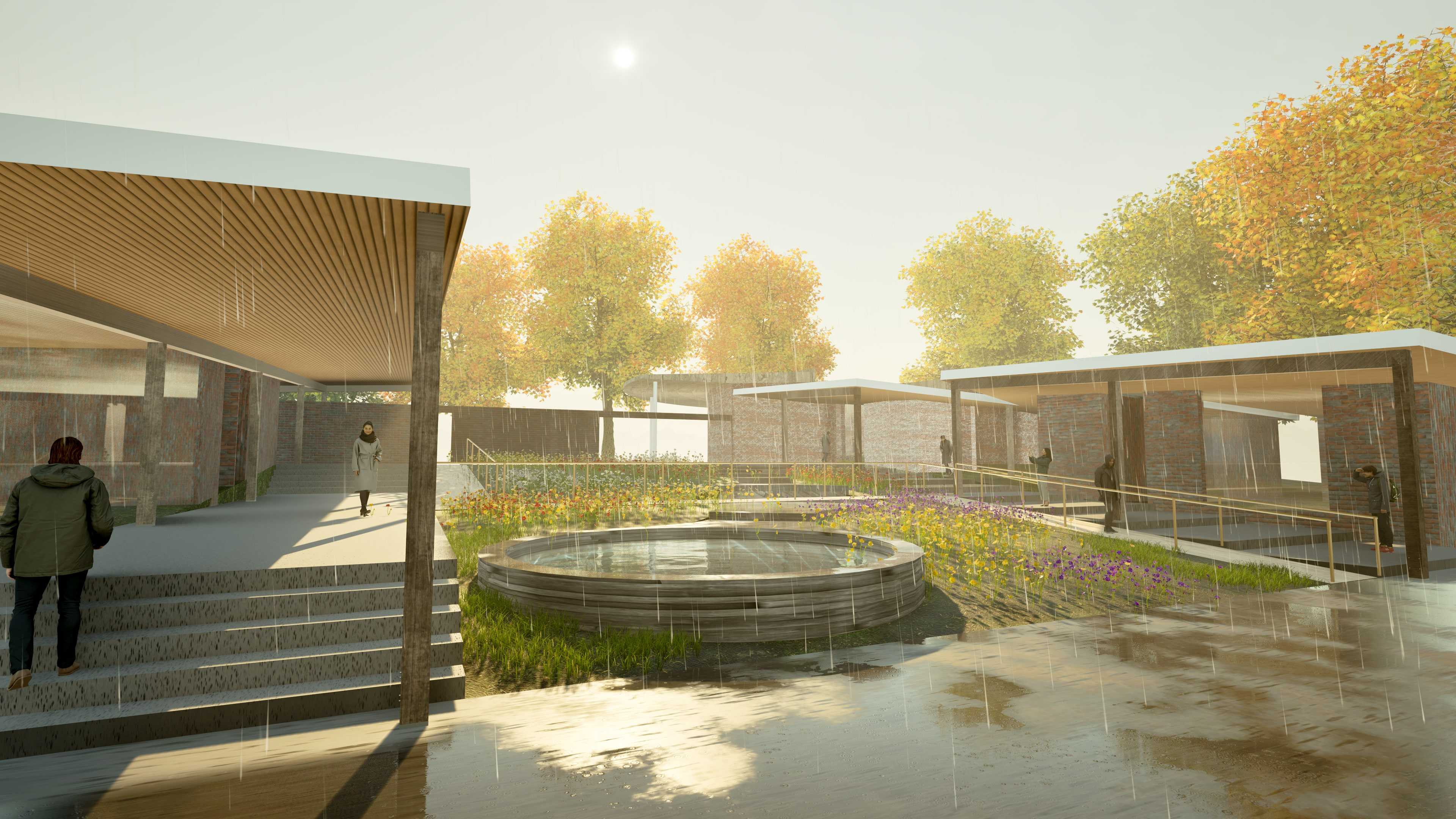 Perspective view of the project showing the atmosphere and color of the courtyard