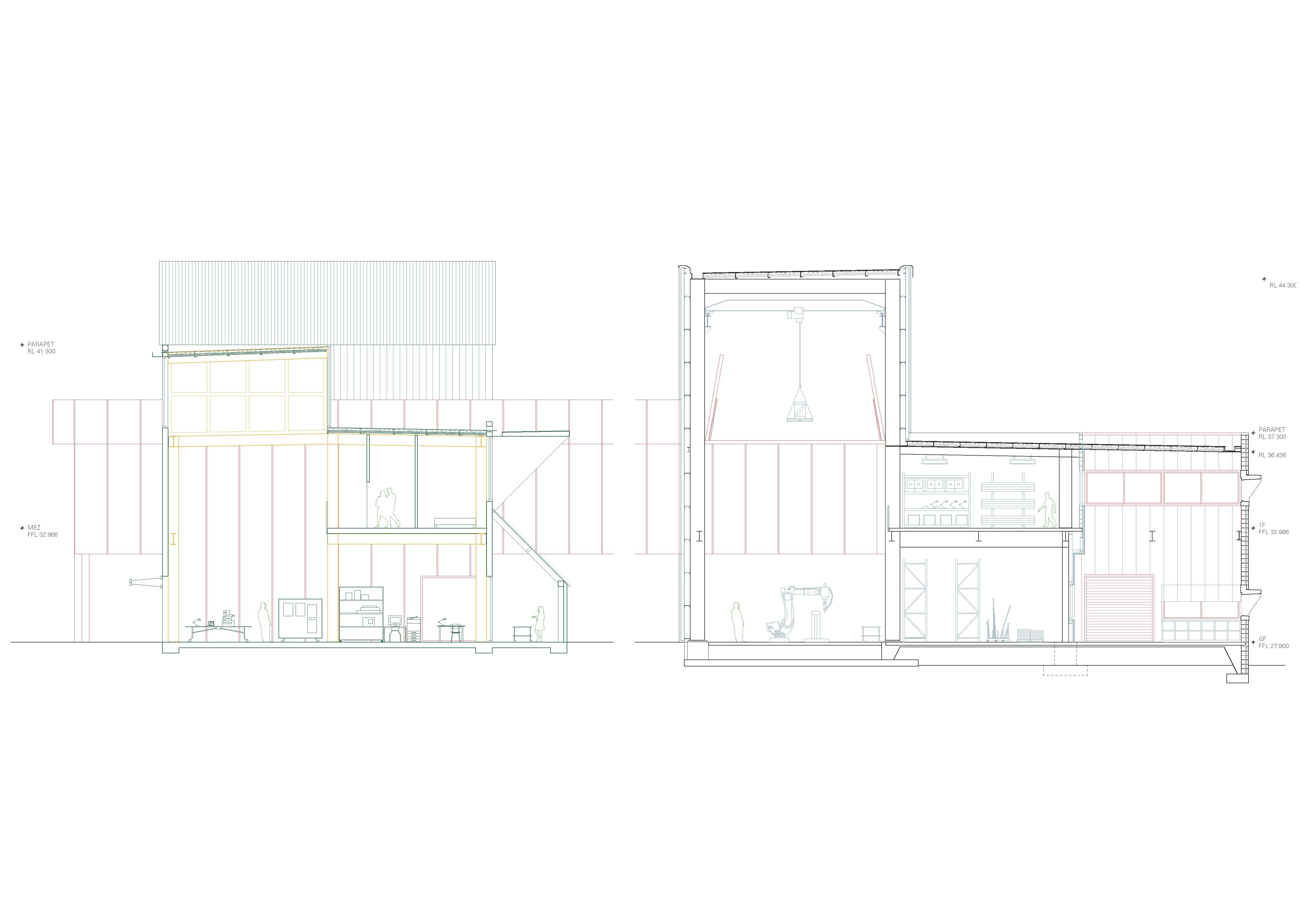 Section – SLAB (Laboratory in Blue), SLIB (Library in Green) and SLEB (Large Scale Exhibition Bridge in Red)