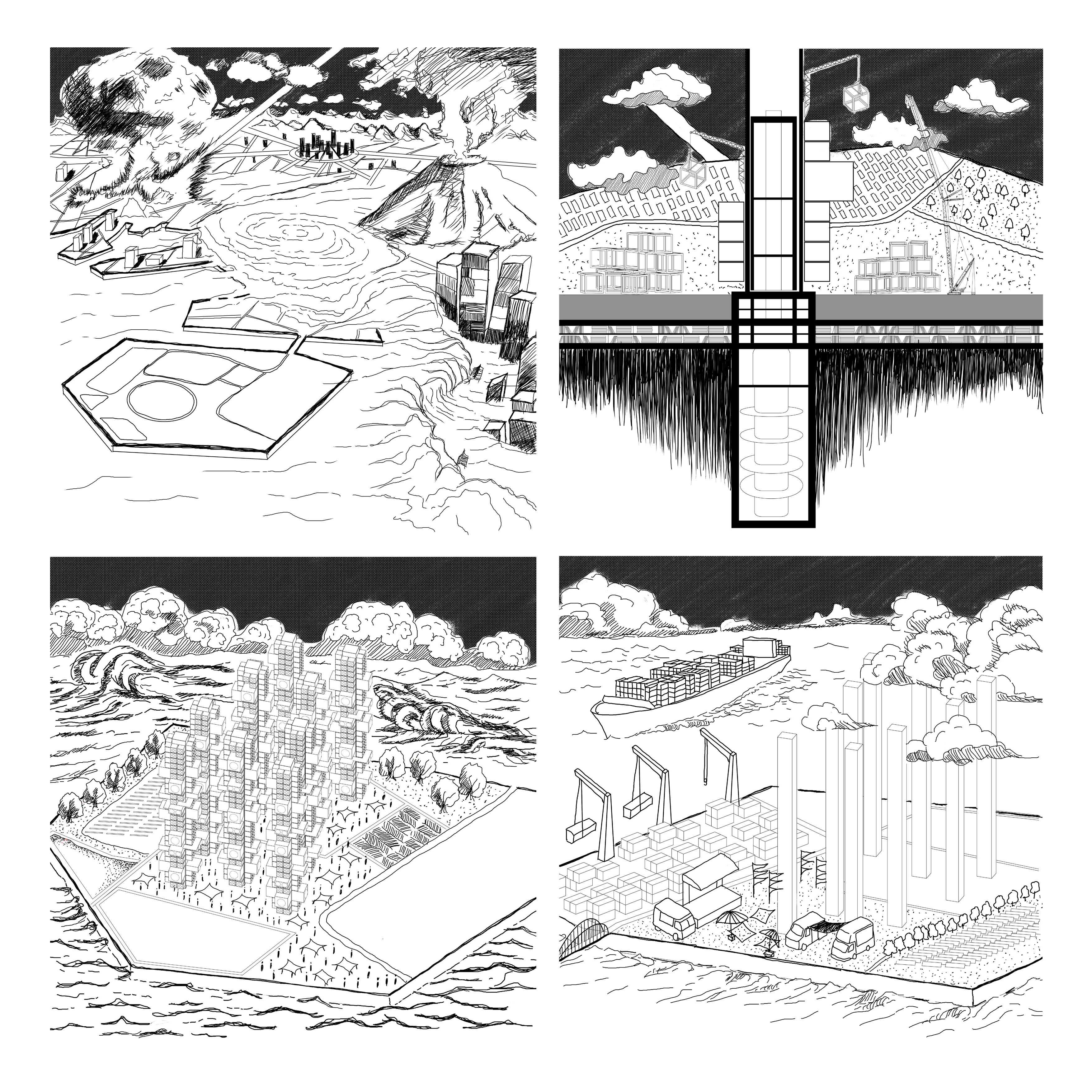 Preliminary Conceptual Design Diagrams

The four storytelling diagrams illustrate how the floating island operates during both disaster and peacetime. 
