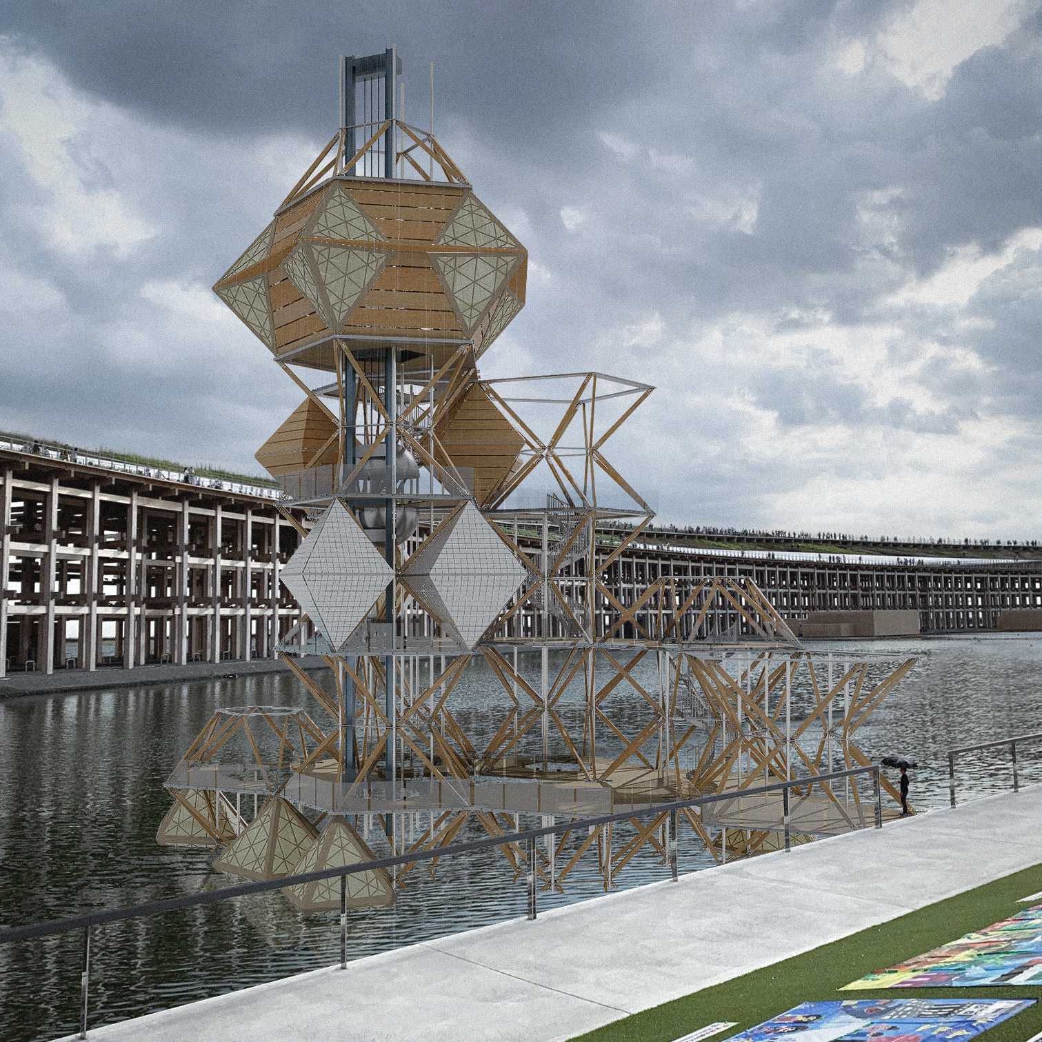 The pavilion distils the Floating Island proposal into an experimental form expressing impermanence, megastructure, capsule, and renewal, embodying contemporary Metabolism through its structure, materials, spatial narrative, and experiential depth.
