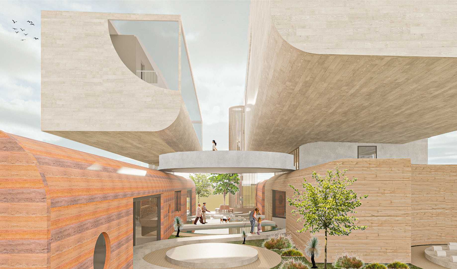 TThis perspective section slices through the amphitheatre, library, and gallery to show the core of the project. These spaces bring together learning, culture, and history, creating moments for gathering, reflection, and shared understanding.